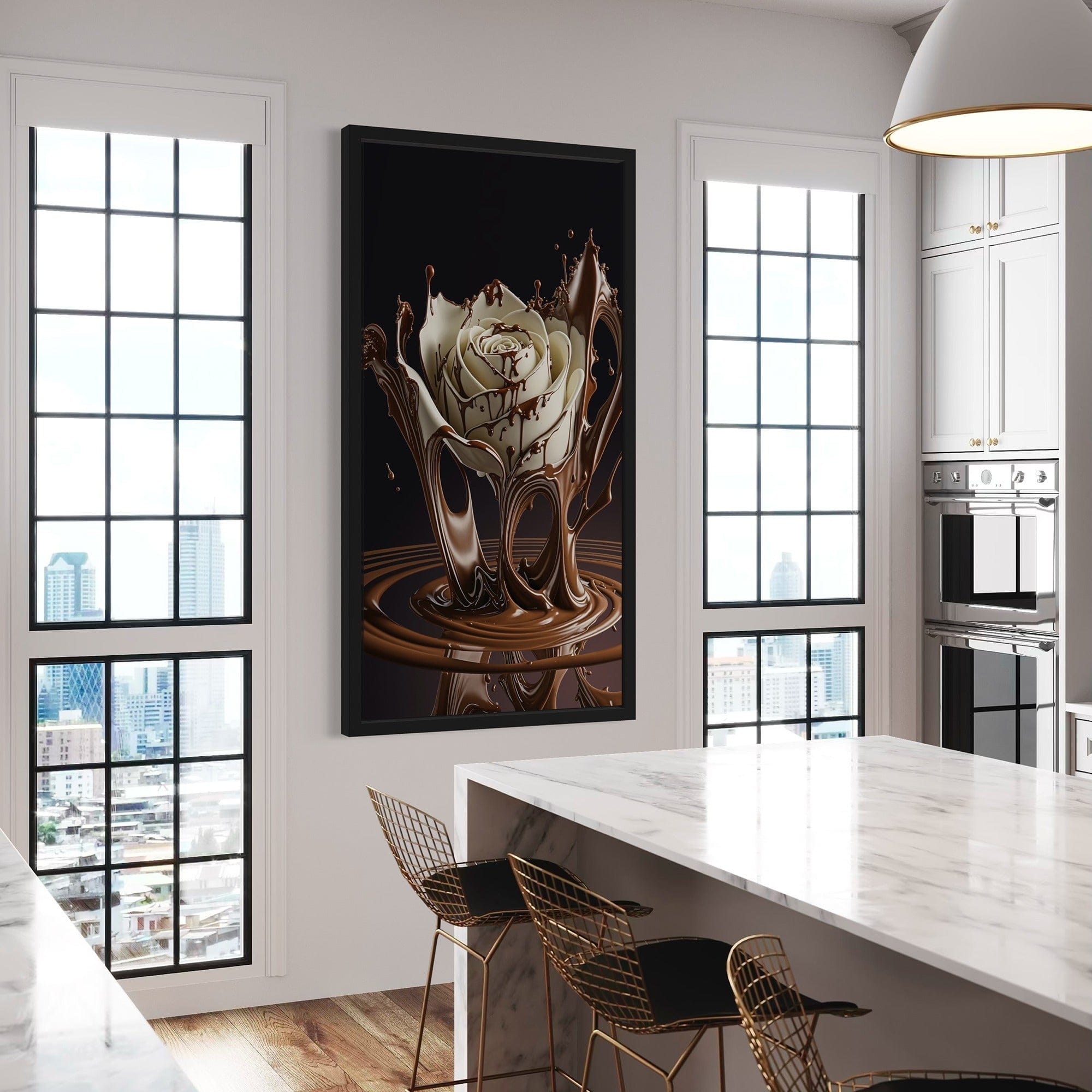 Size scale view vertical chocolate rose canvas in dining area