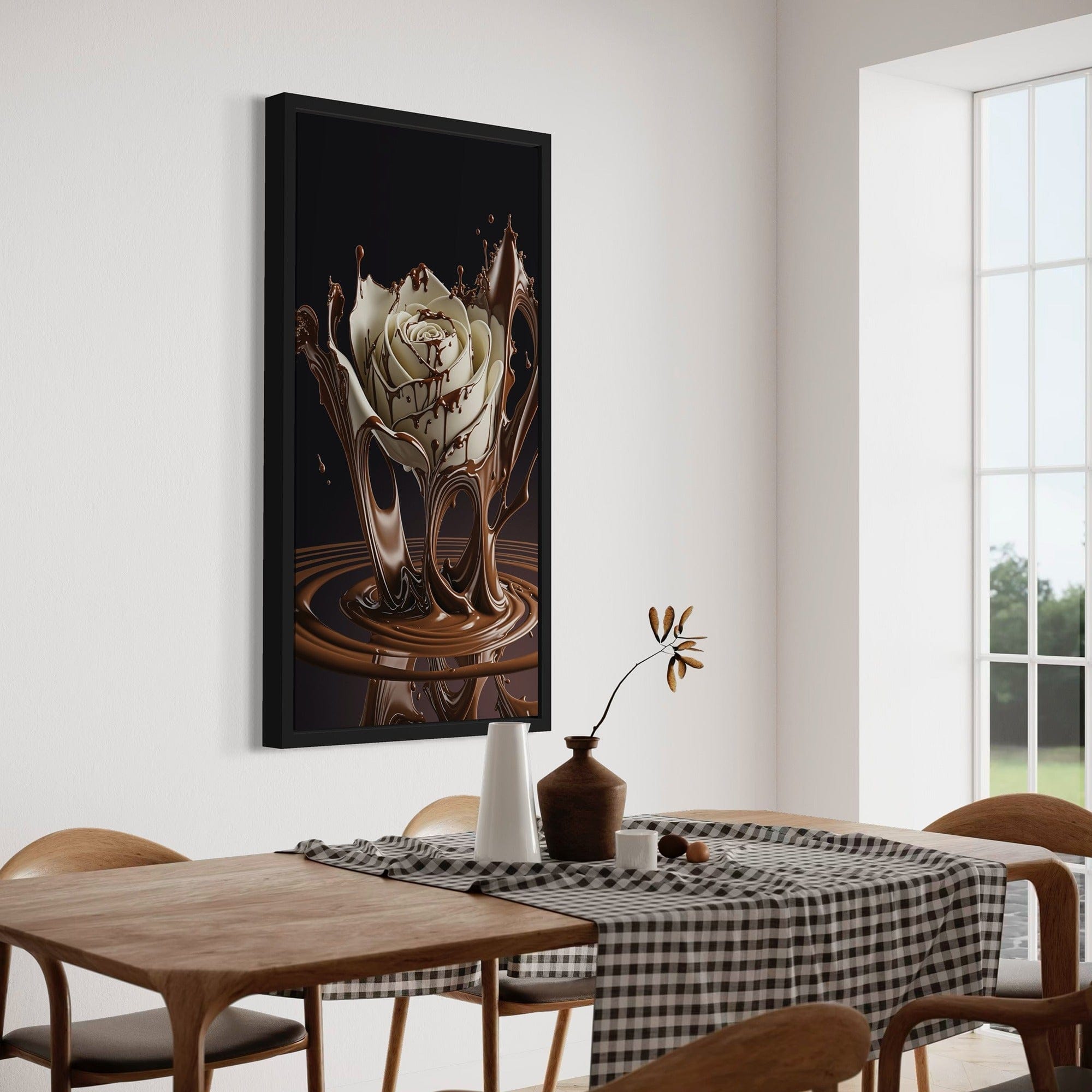 Framed chocolate rose artwork on kitchen wall