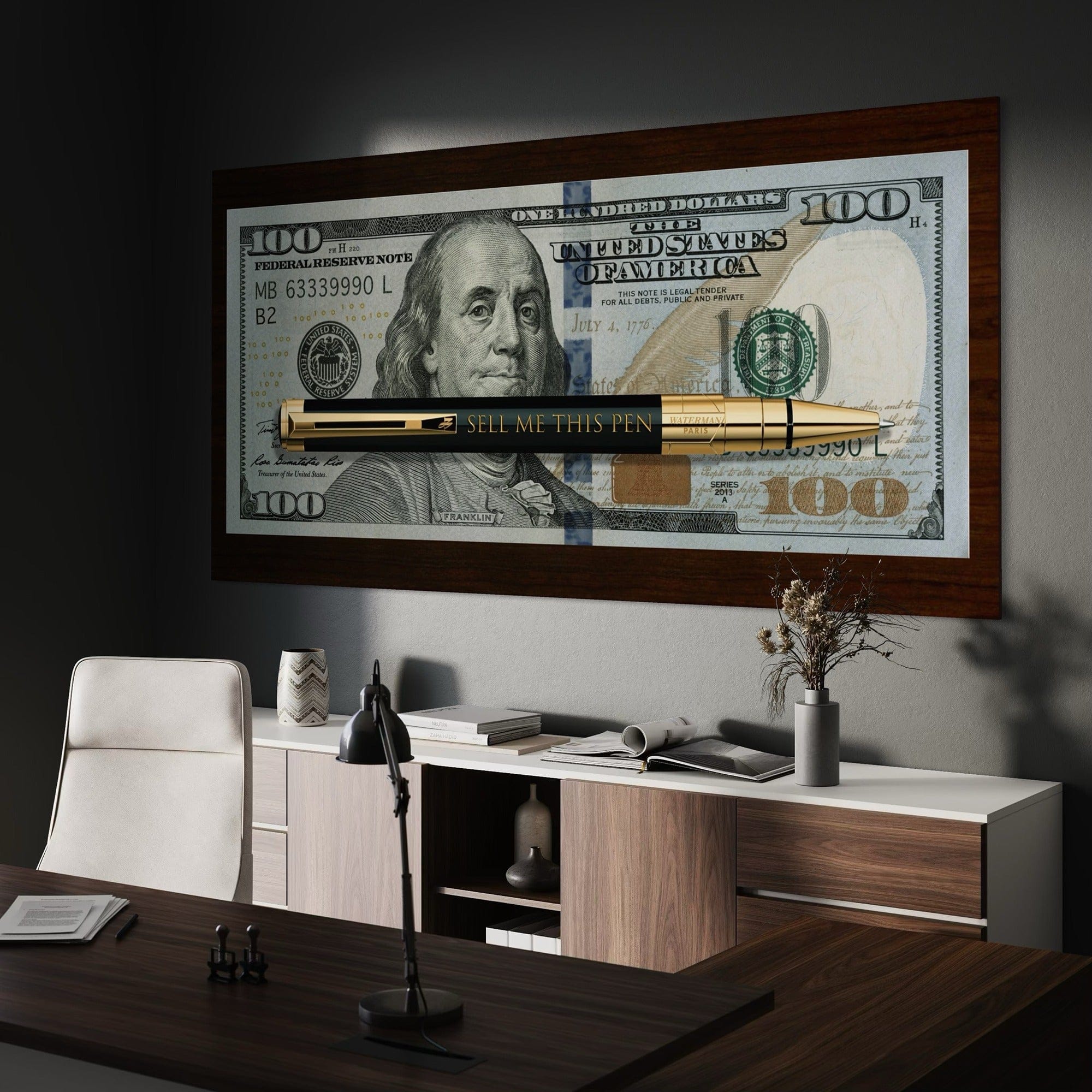 Entrepreneur workspace decor featuring sell me this pen canvas artwork