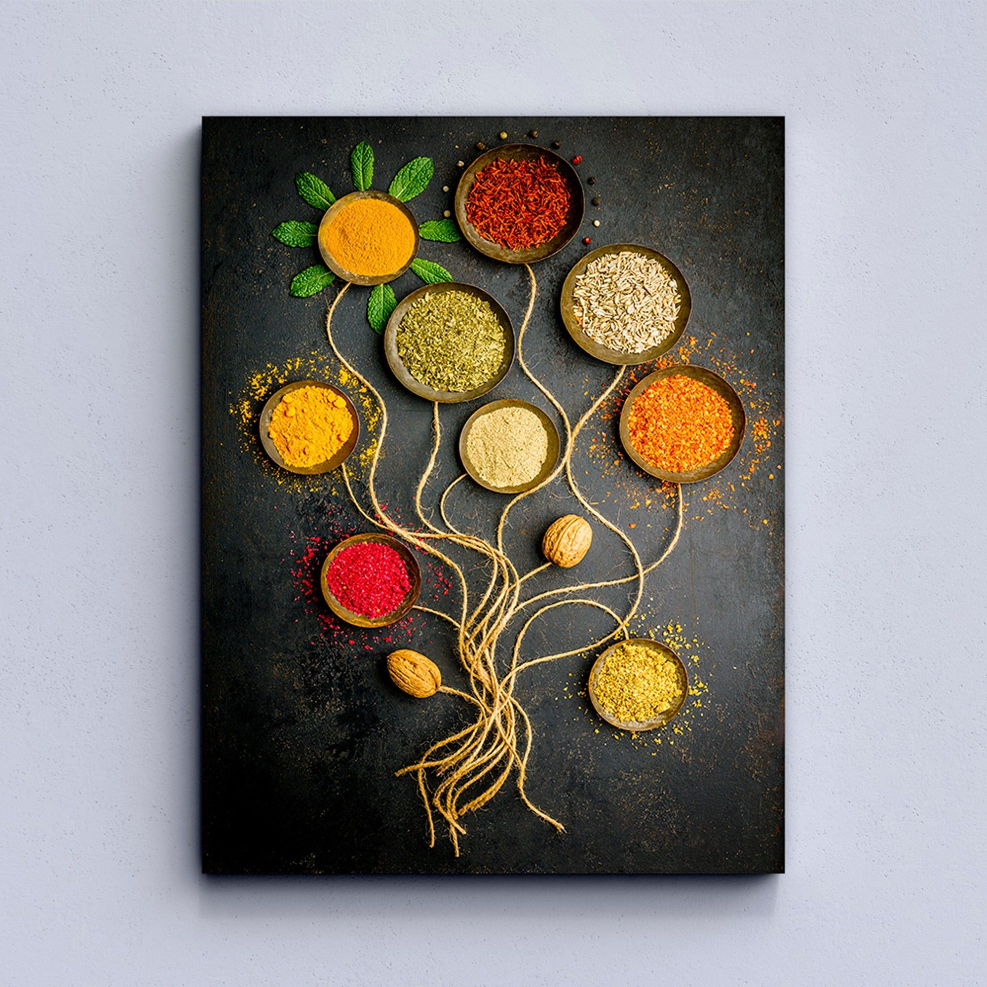 Colorful spices flat lay kitchen decor