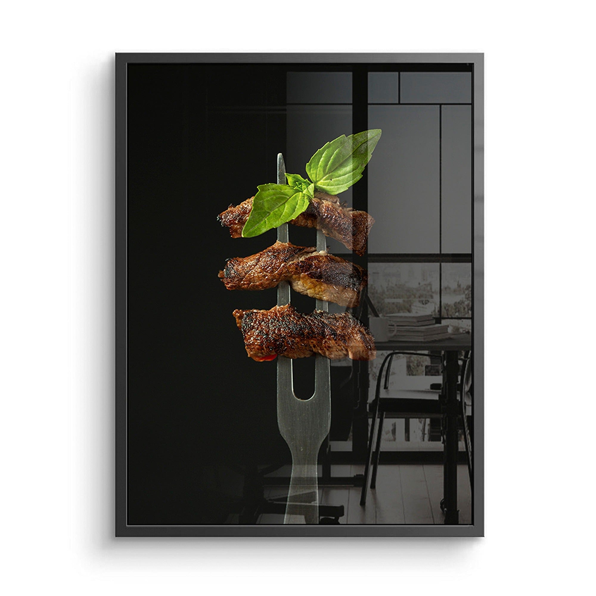 Minimalist black background steak poster for modern kitchen decor