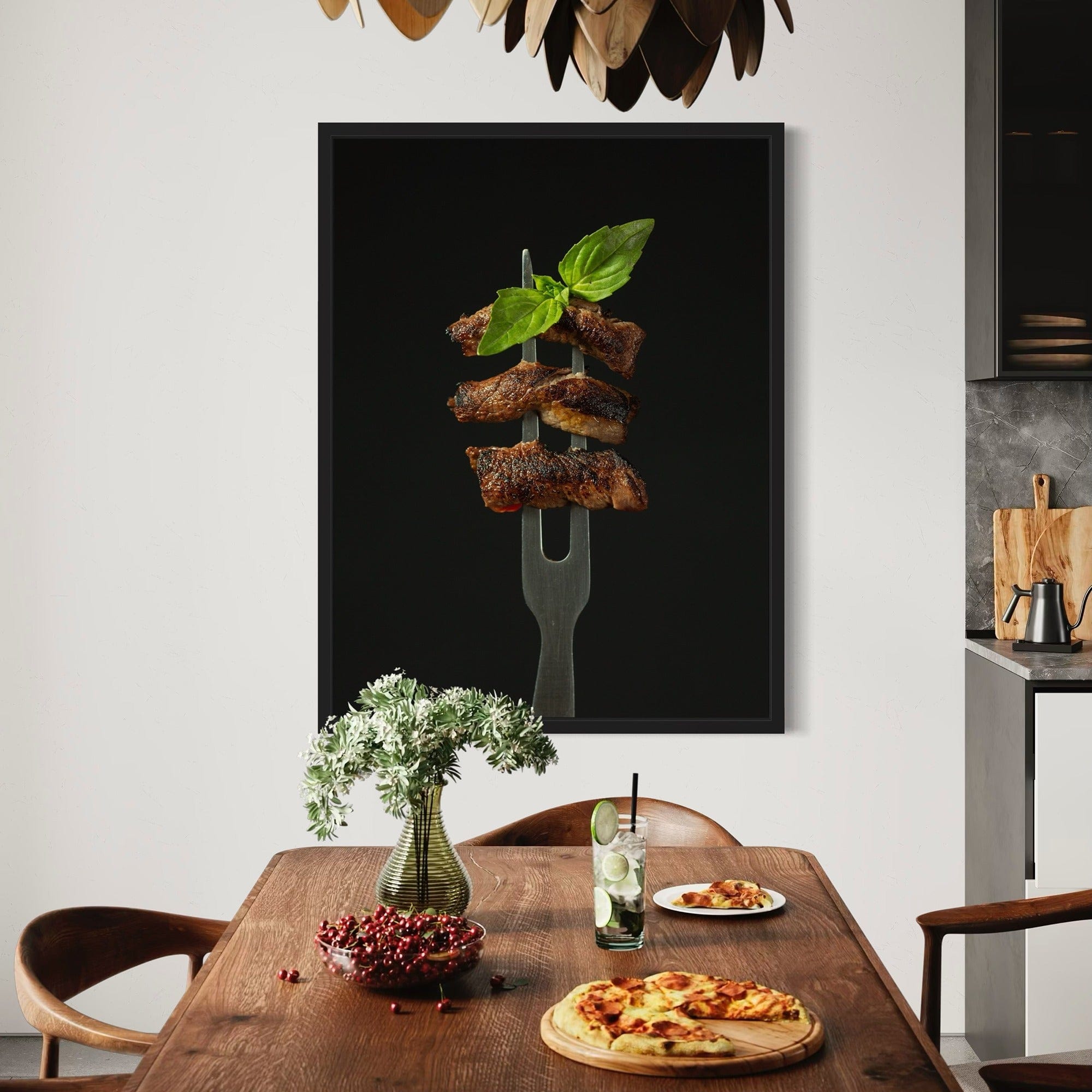 Rustic kitchen canvas wall art featuring beef slices with basil on fork