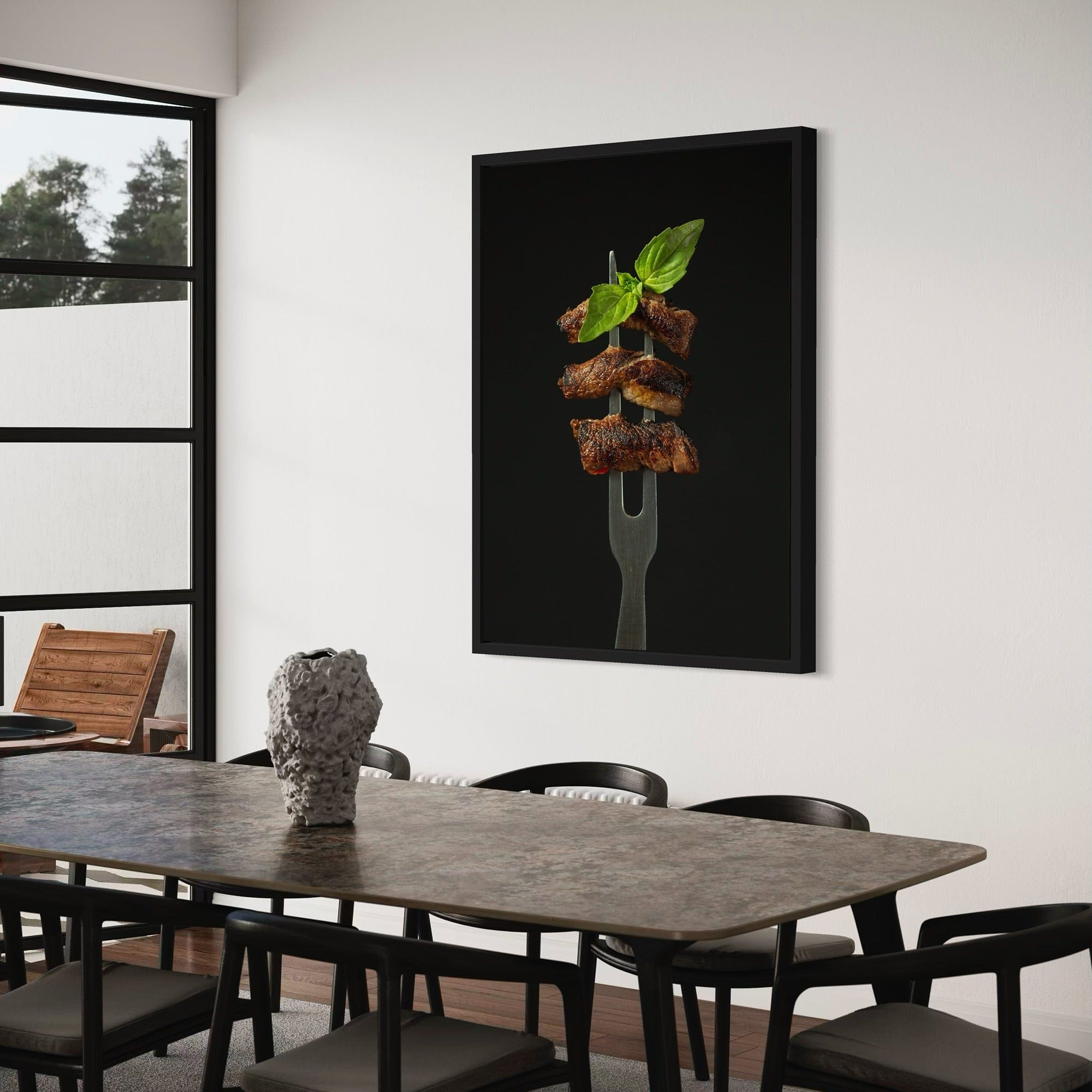 Italian cuisine kitchen wall art, basil and grilled beef on fork