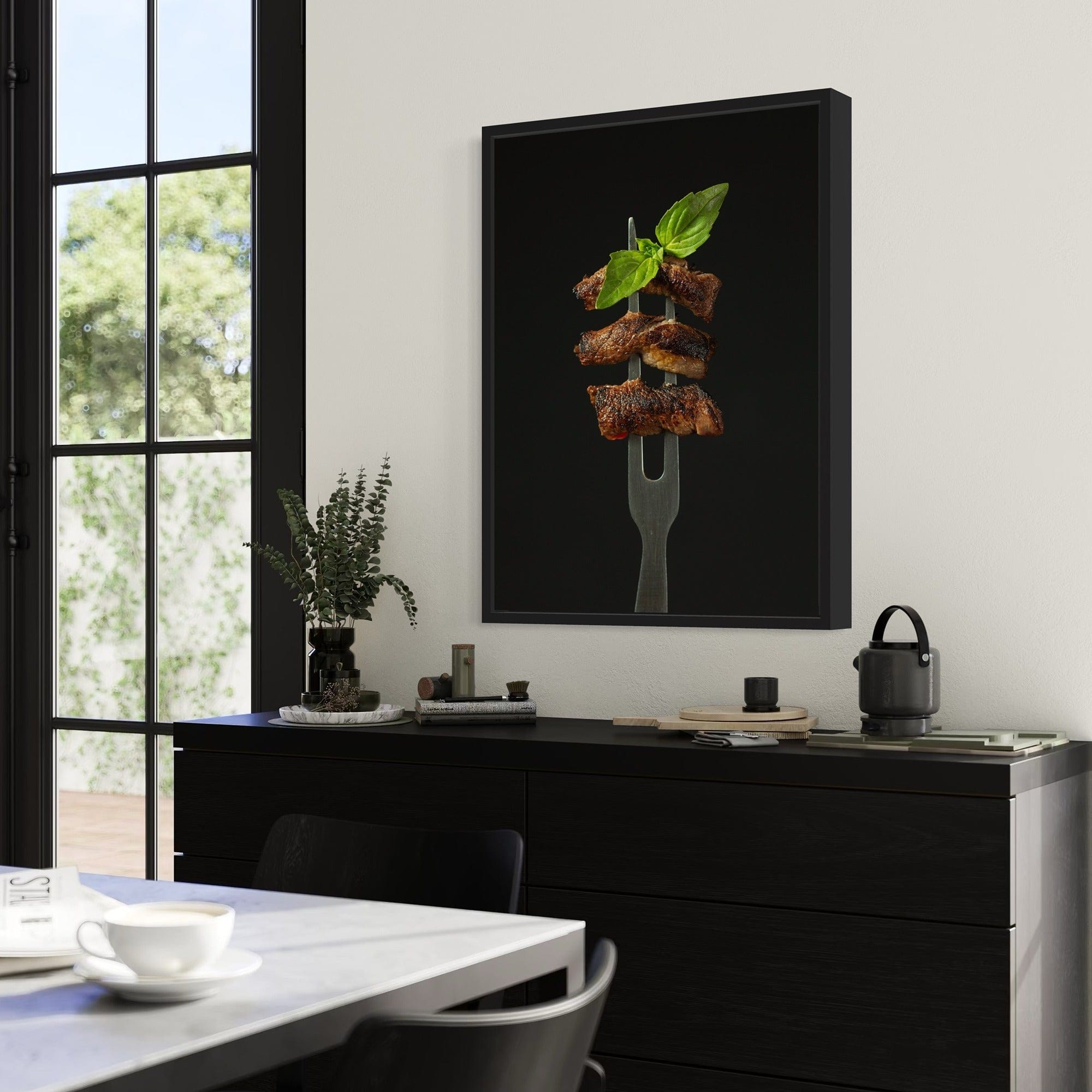 Cafe restaurant wall art print, steak skewer close-up on dark slate tone