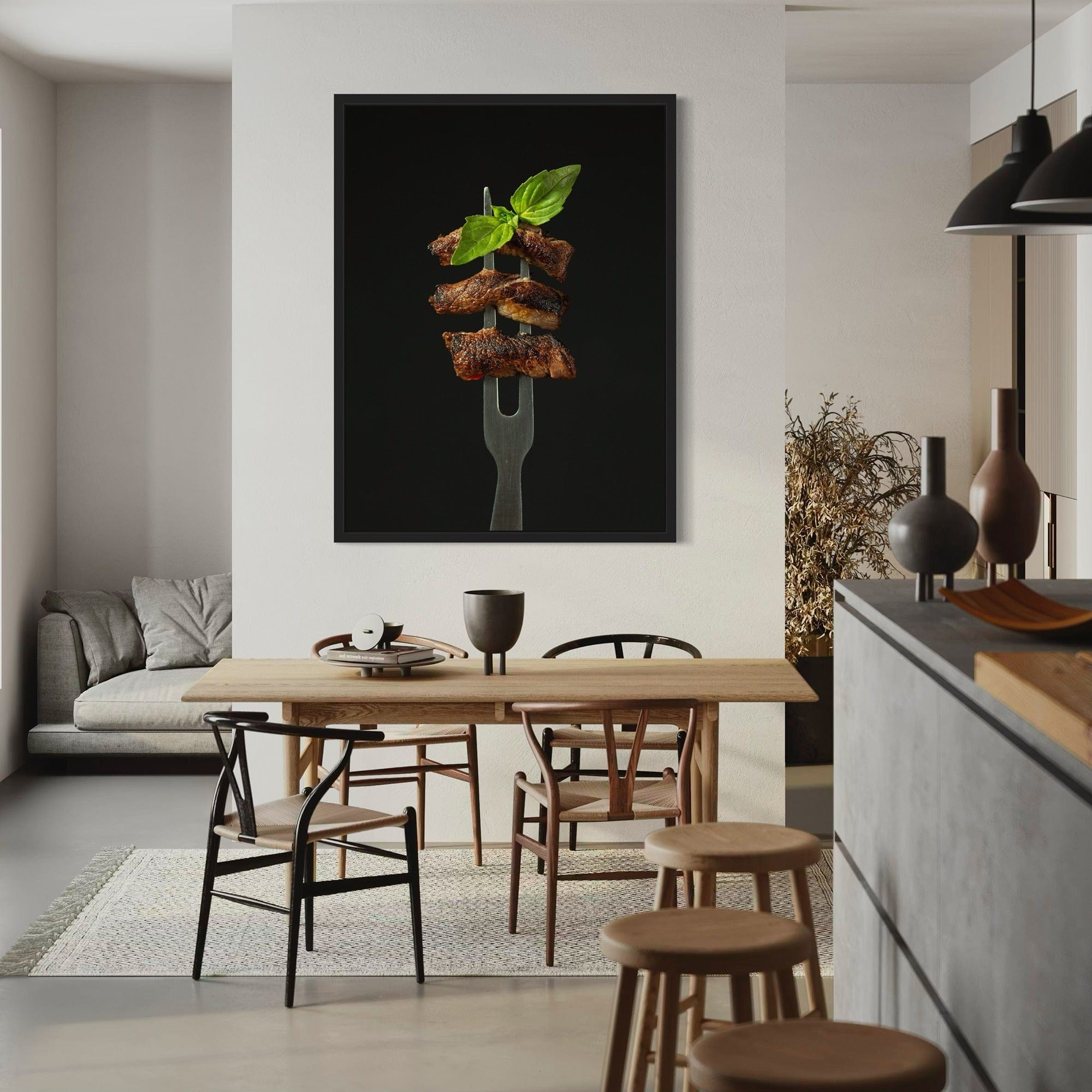 Modern kitchen gallery poster, steak strips on fork, foodie artwork