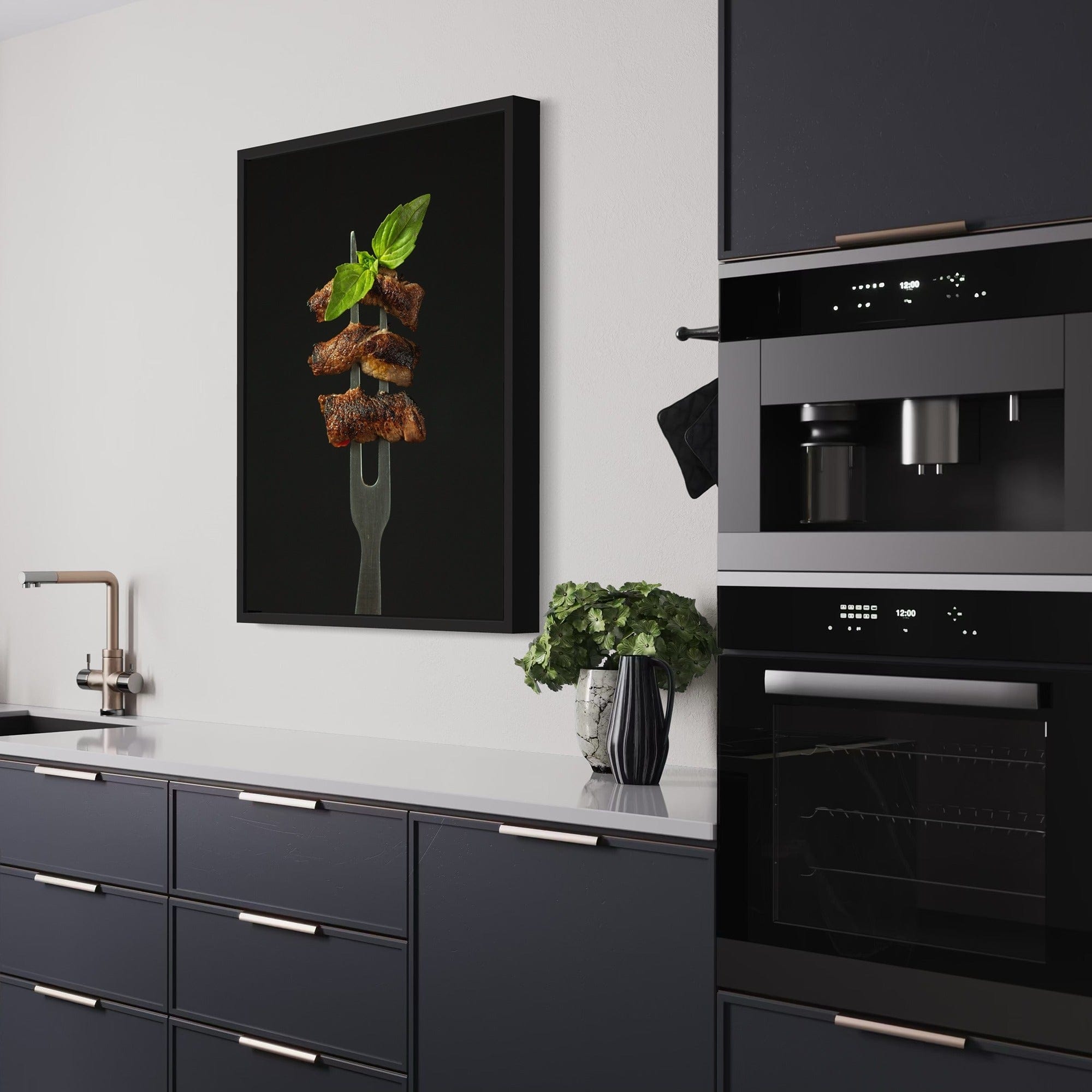 Black aesthetic kitchen canvas, herb-topped steak for home or restaurant
