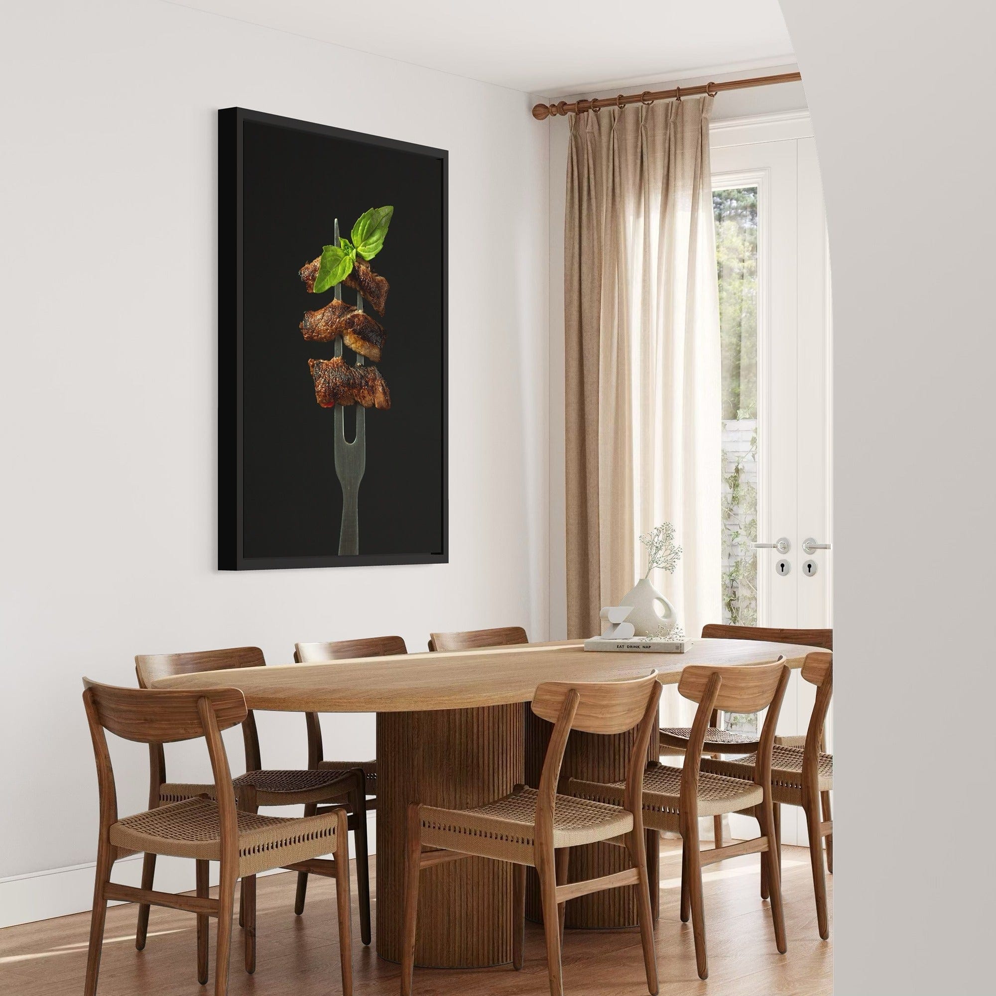 Kitchen poster with grilled beef and basil leaves, minimalist food art