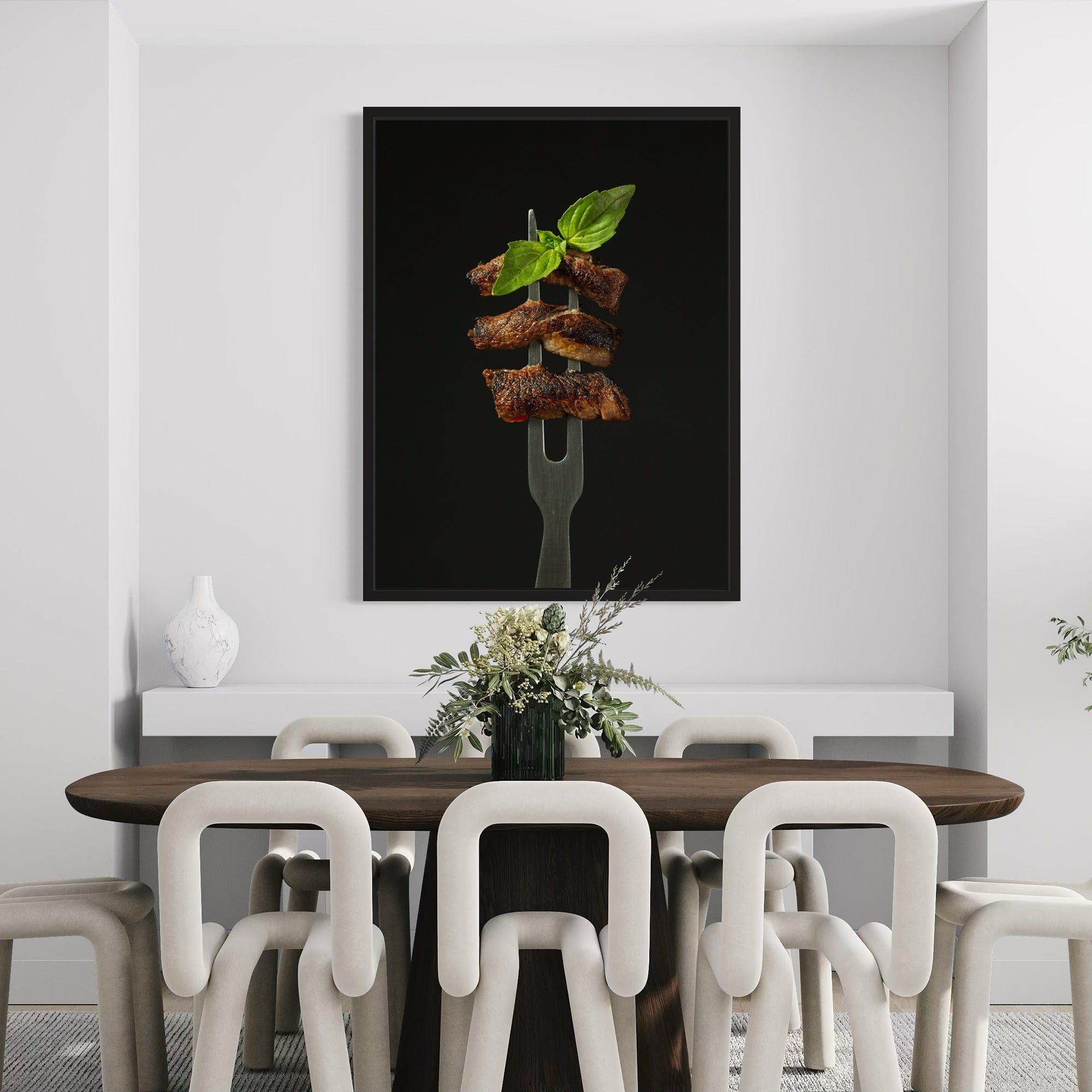 Premium kitchen canvas wall art, steak on fork centerpiece for culinary spaces