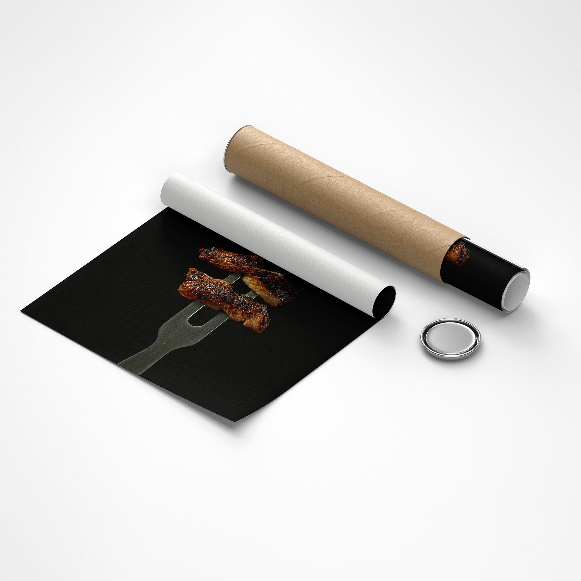 Food photography canvas, sliced beef on fork, basil garnish, dining room wall art