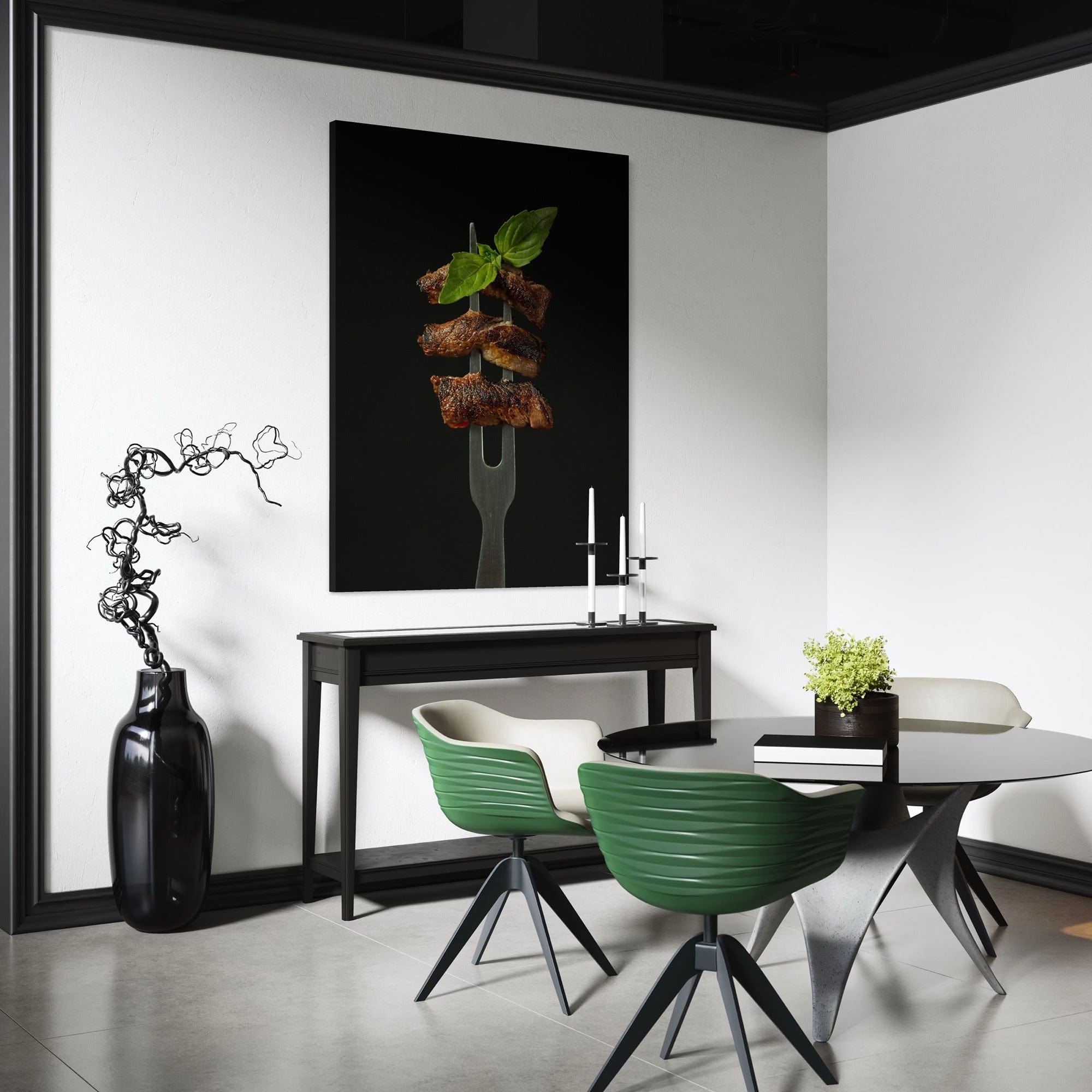 Contemporary kitchen wall art print with grilled meat and fresh basil