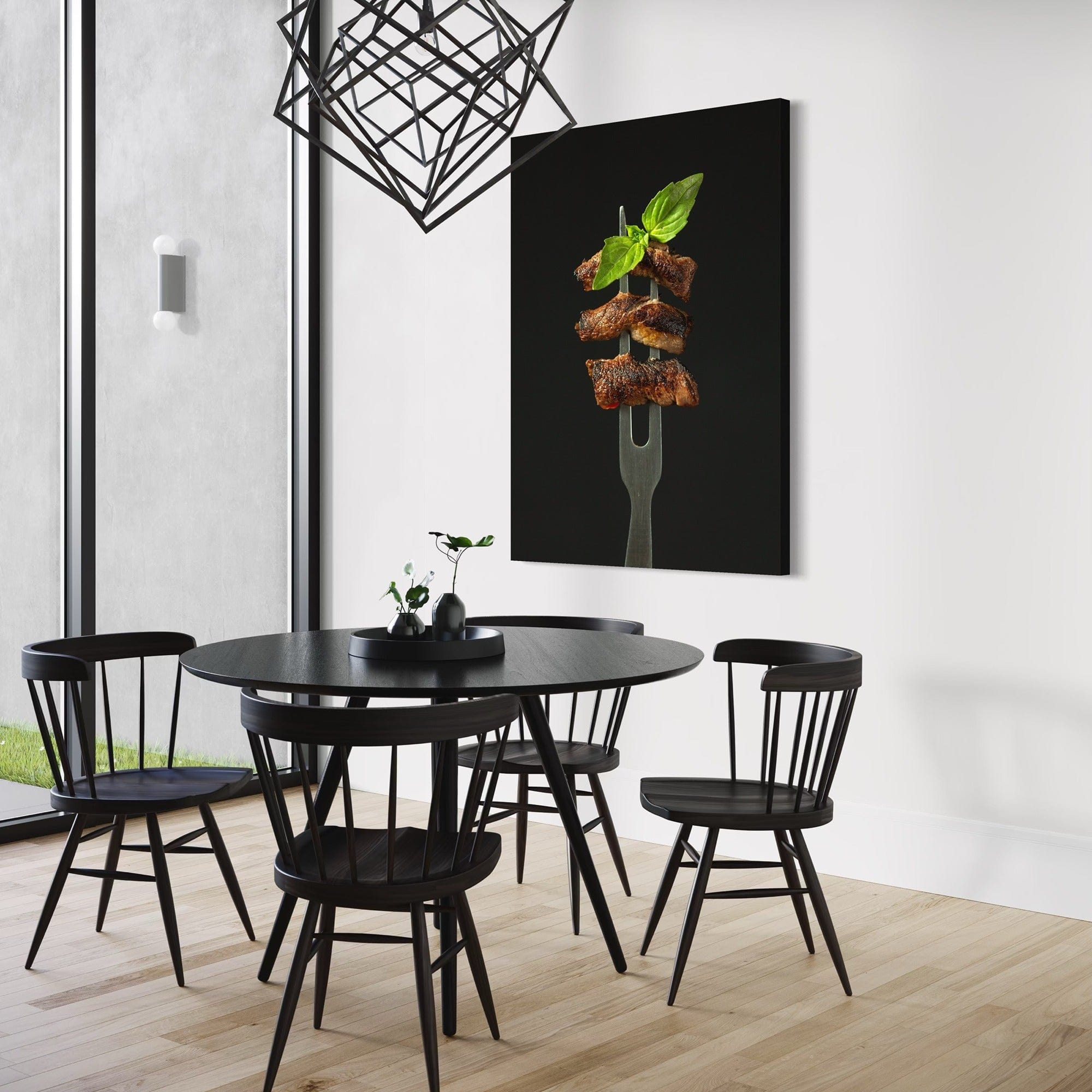 Gourmet kitchen canvas, juicy beef strips on fork against dark background