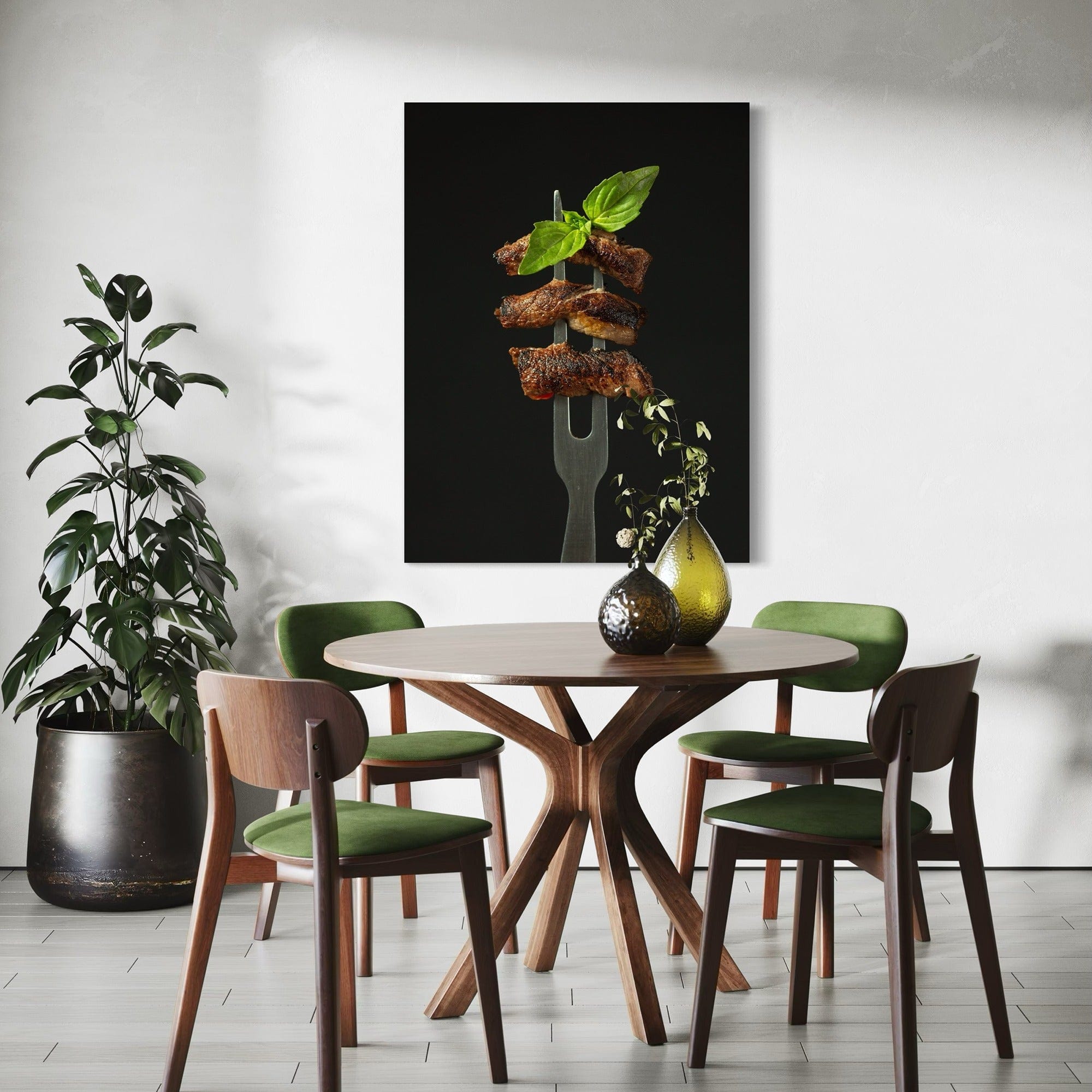 Chef kitchen wall art, steak and basil still life, modern food poster