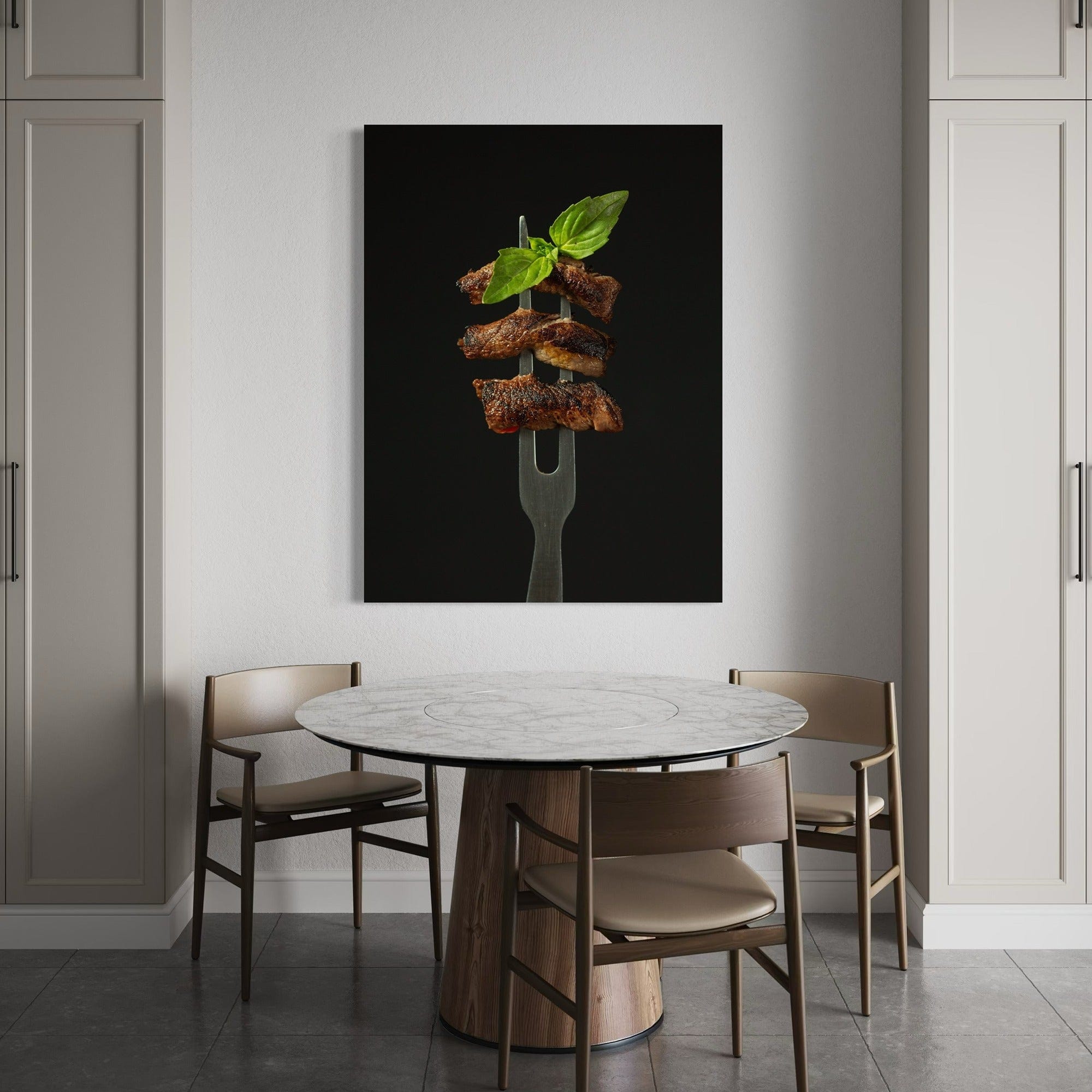 Dining room canvas print with grilled steak pieces and herb garnish