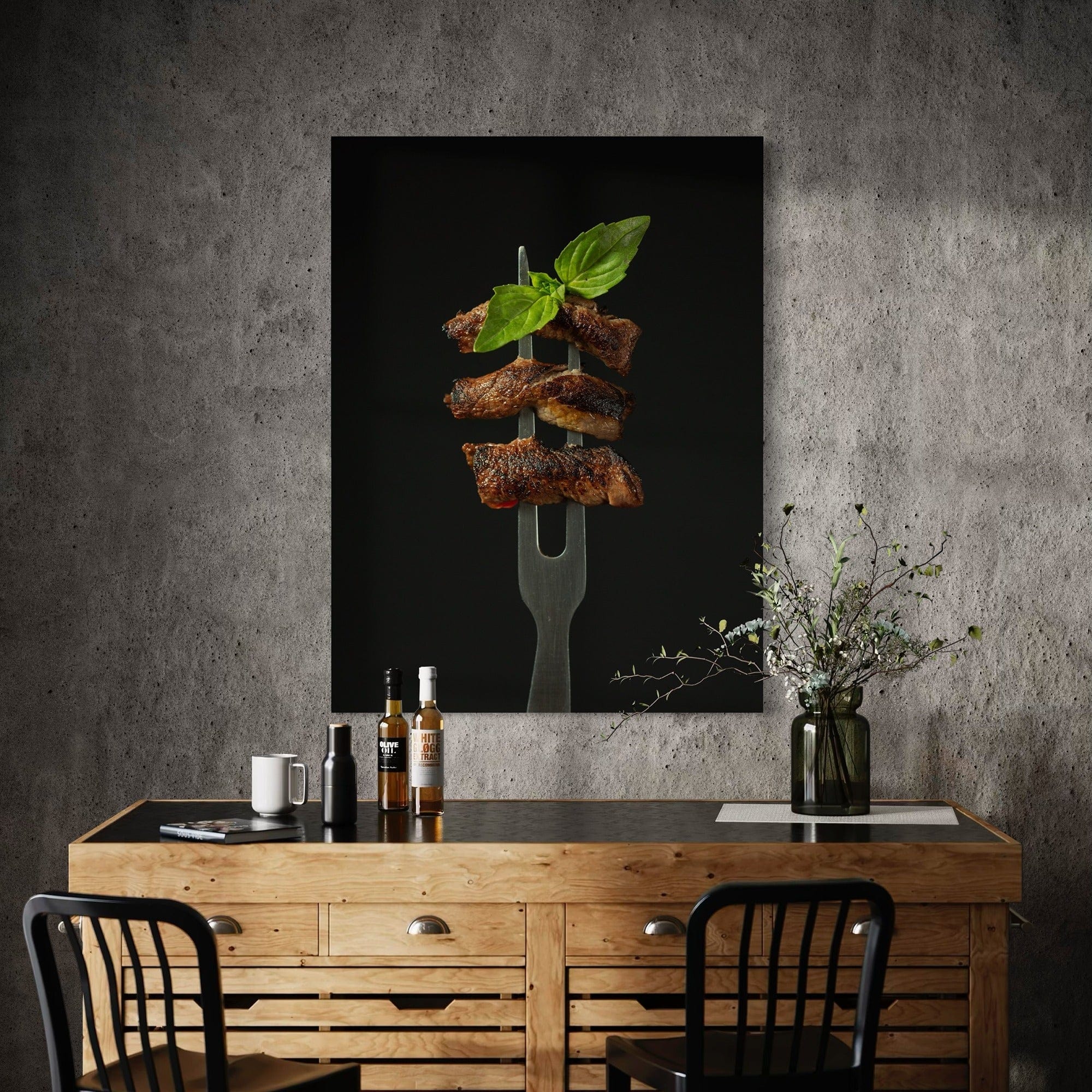 Minimal kitchen poster, steak bites on fork, culinary wall decoration