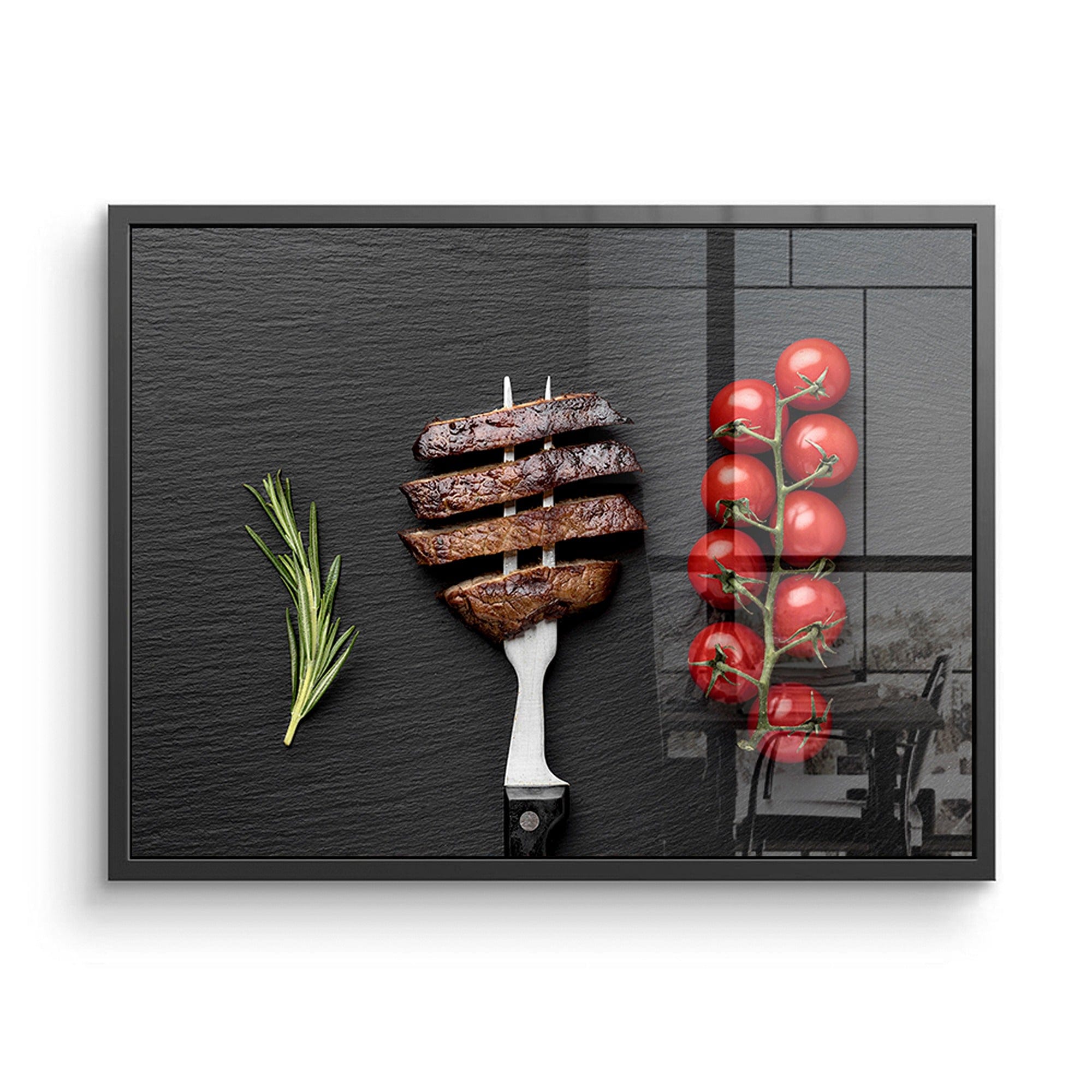 Minimalist black kitchen canvas print with steak slices and herb sprig