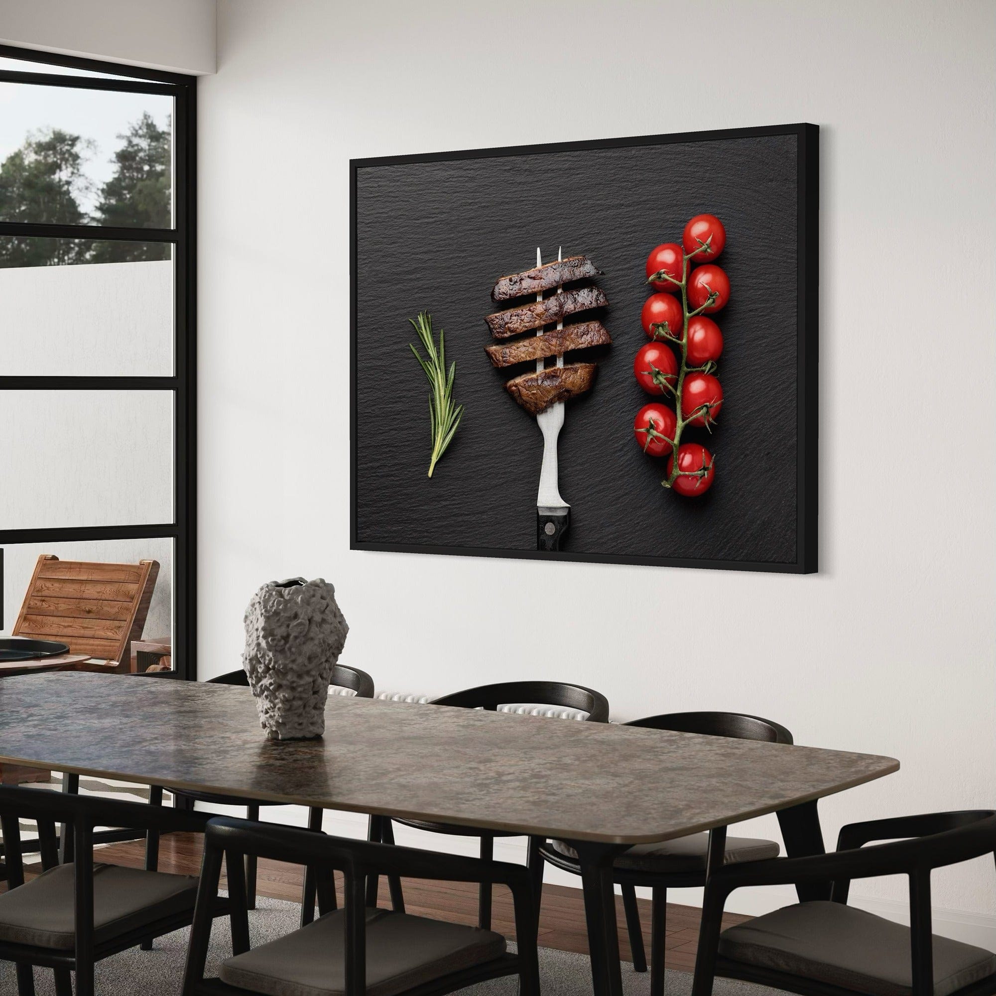 Modern kitchen poster with sliced steak on fork, cherry tomato vine, and rosemary