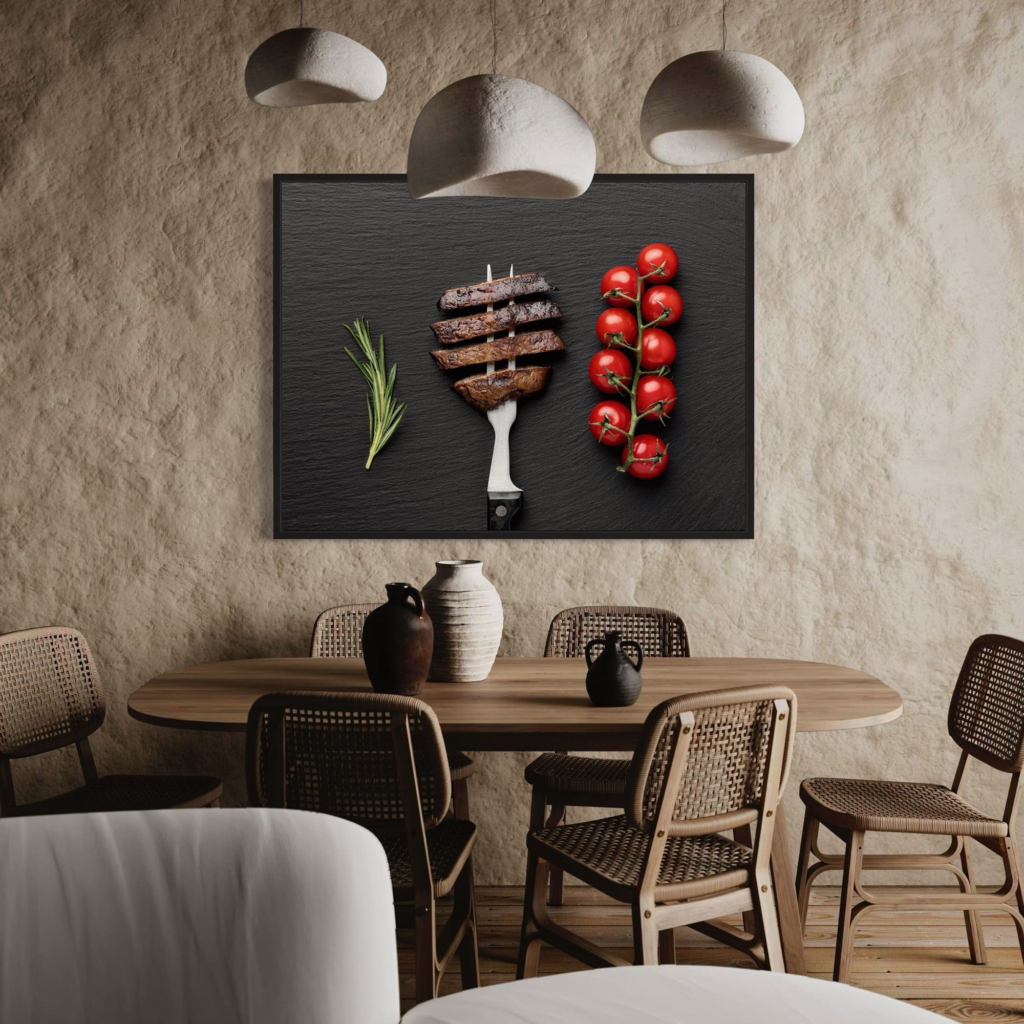 Culinary wall art for kitchen decor featuring grilled beef steak and tomatoes