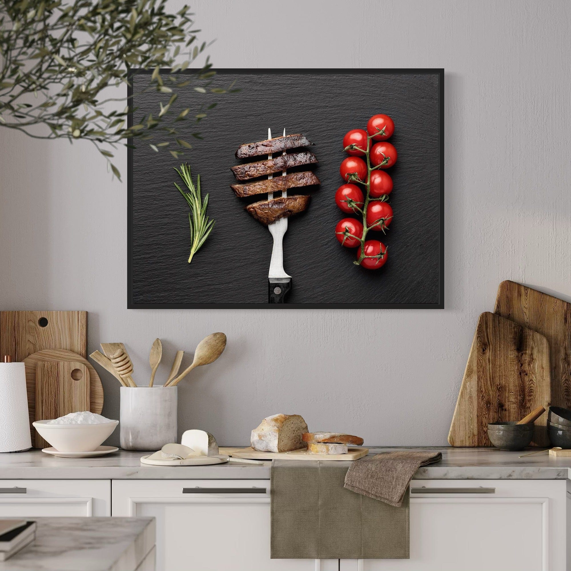 Dining room wall art, steak photography with vine tomatoes for contemporary kitchens