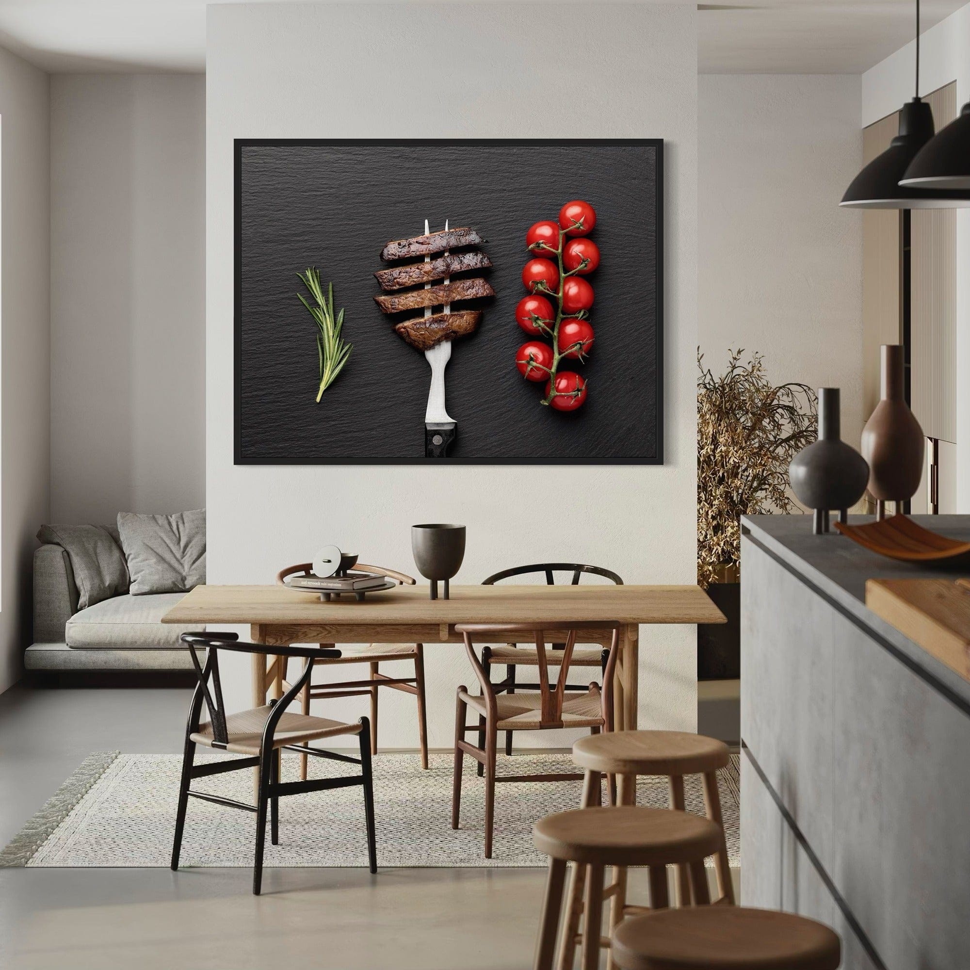 Restaurant kitchen decor poster showing grilled meat on fork and fresh tomatoes