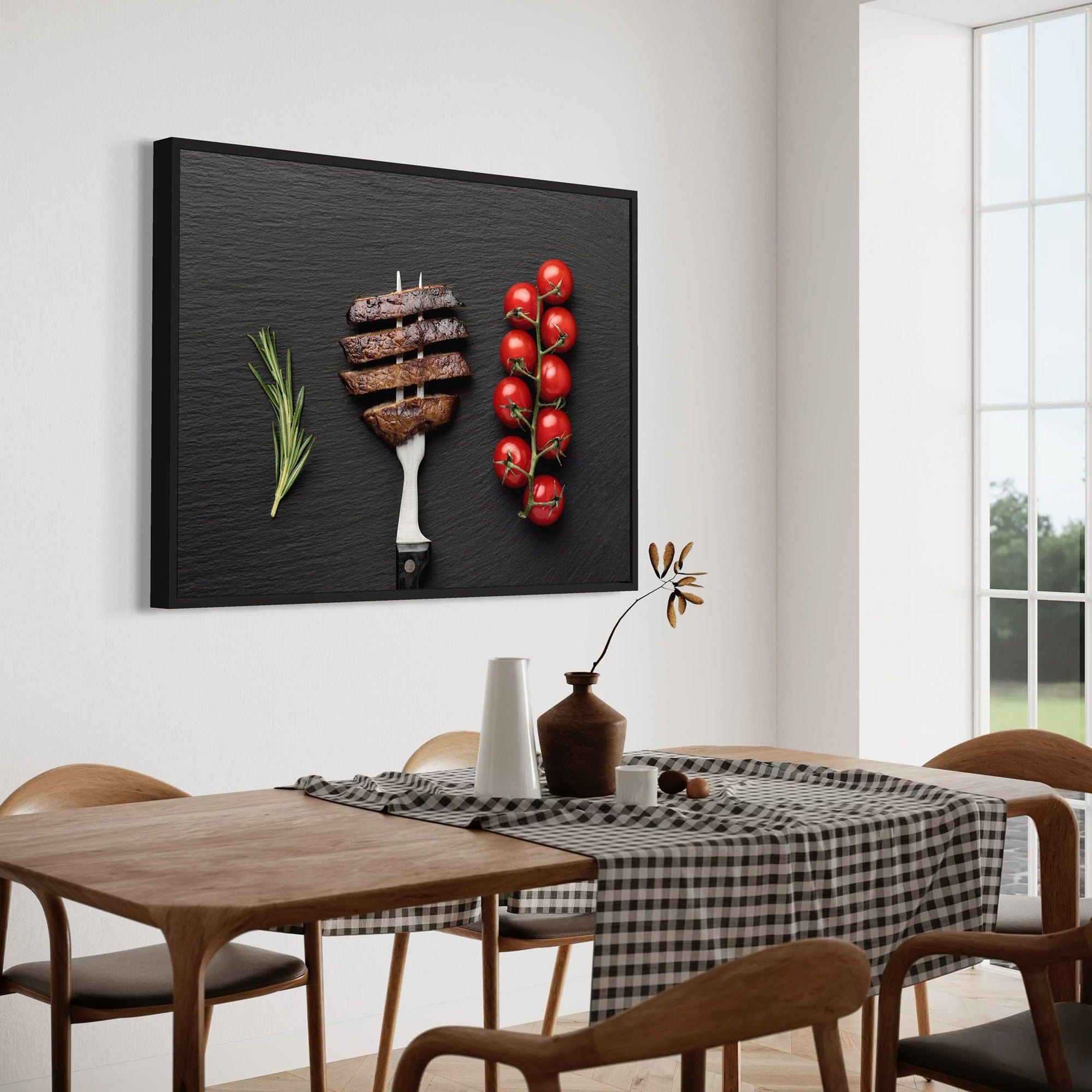 Gourmet kitchen wall art canvas, steak cutlets and rosemary on dark textured slate
