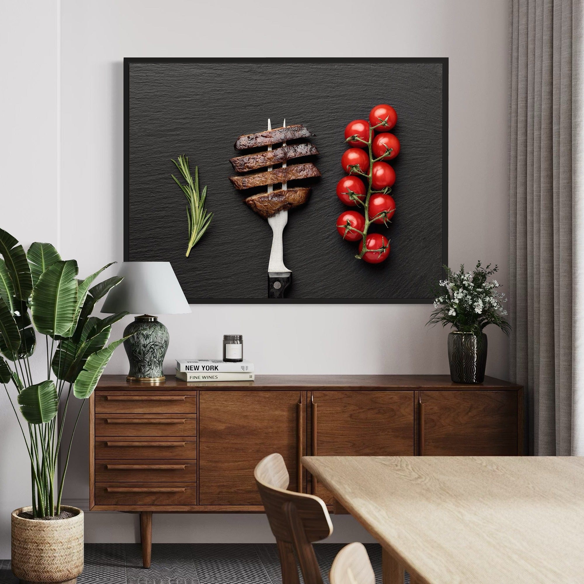 Kitchen decor print with beef steak slices, cherry tomatoes, modern foodie poster