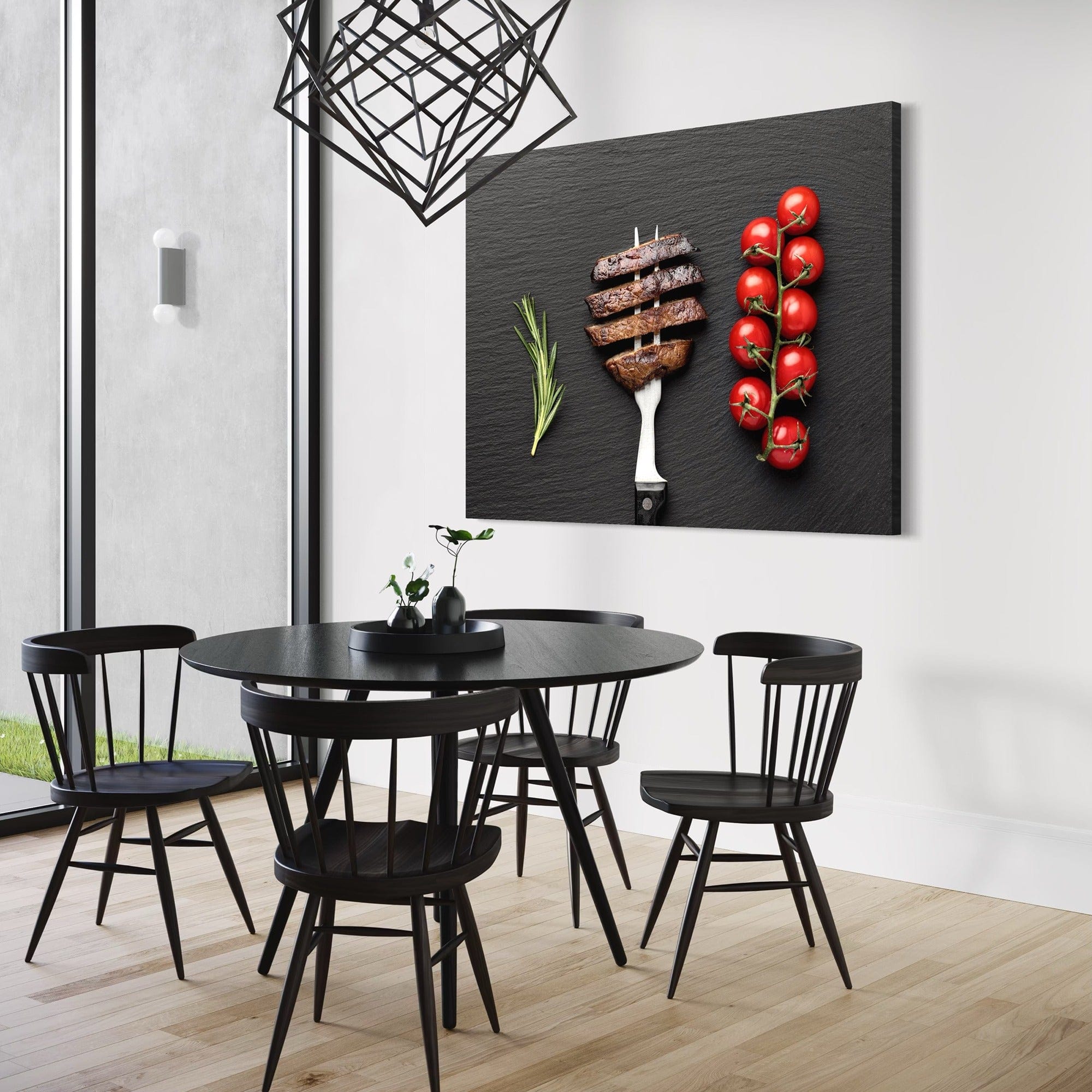 Chef kitchen wall art, steak and tomato composition, minimalist black canvas