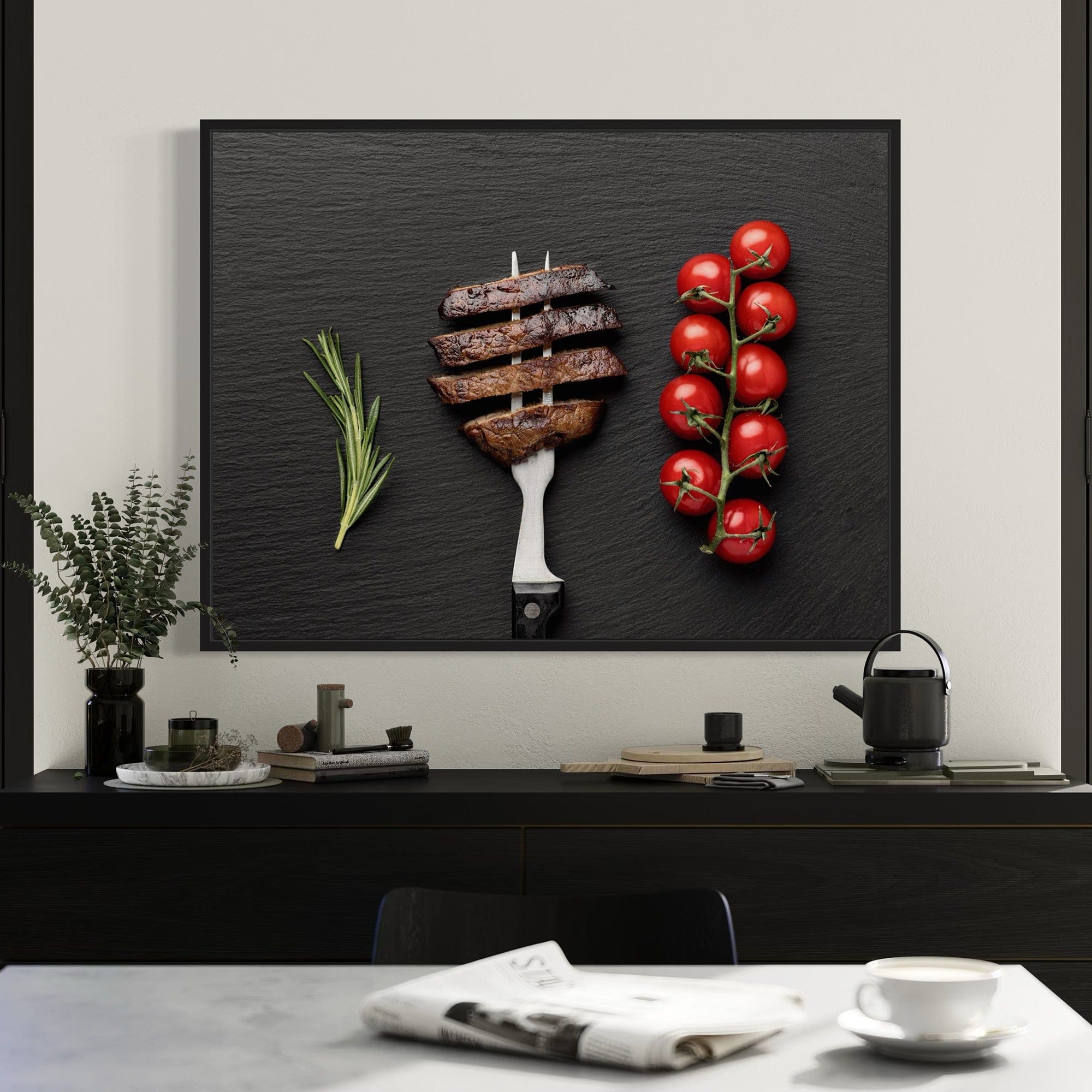 Cafe wall decor canvas featuring grilled steak, rosemary herb, and tomatoes
