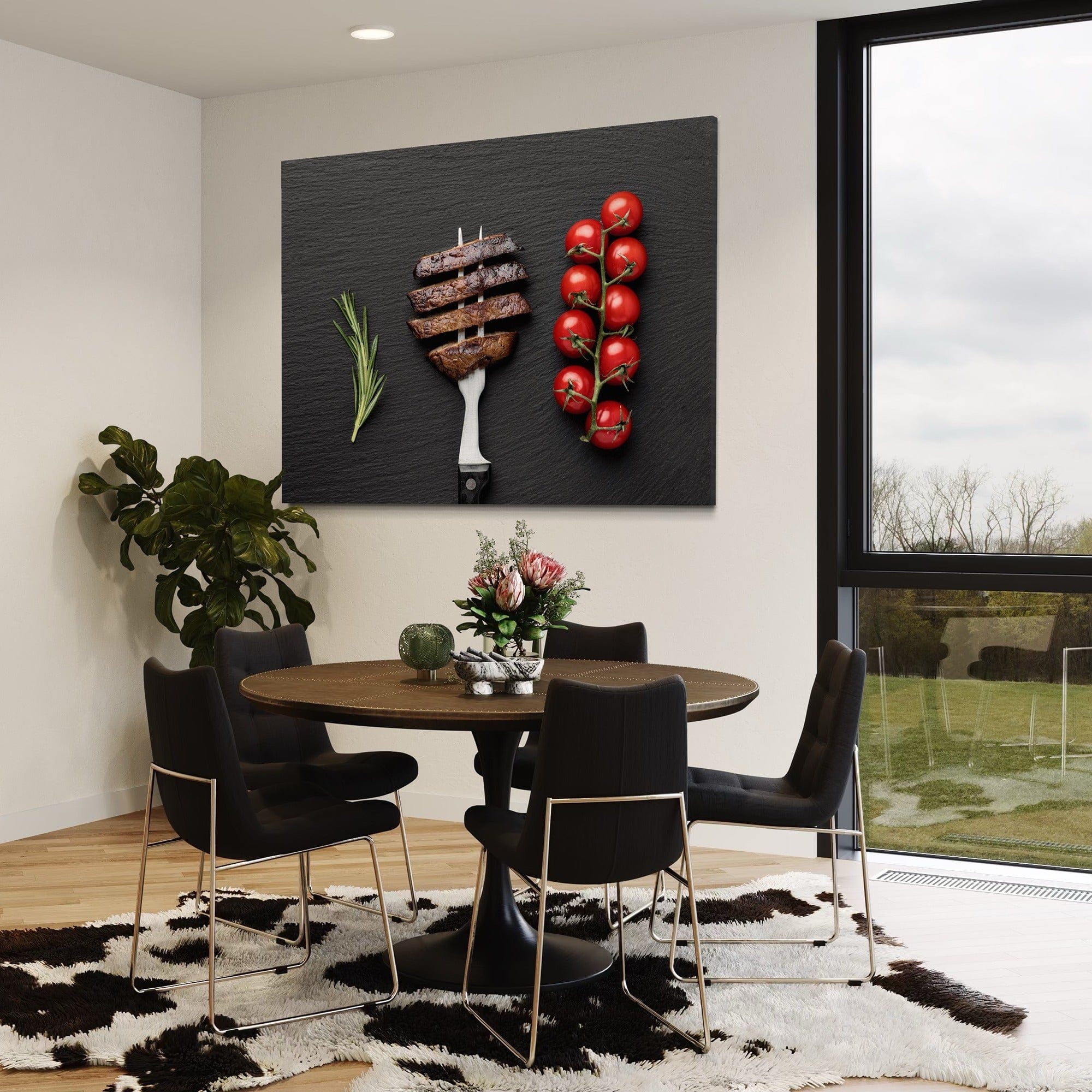 Farmhouse kitchen poster with rustic steak photography and fresh tomato cluster