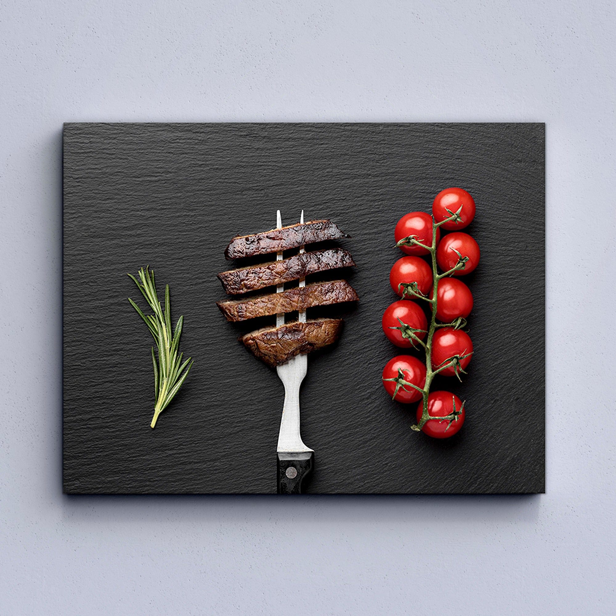 Contemporary kitchen wall art print, steak on fork with tomatoes for dining area