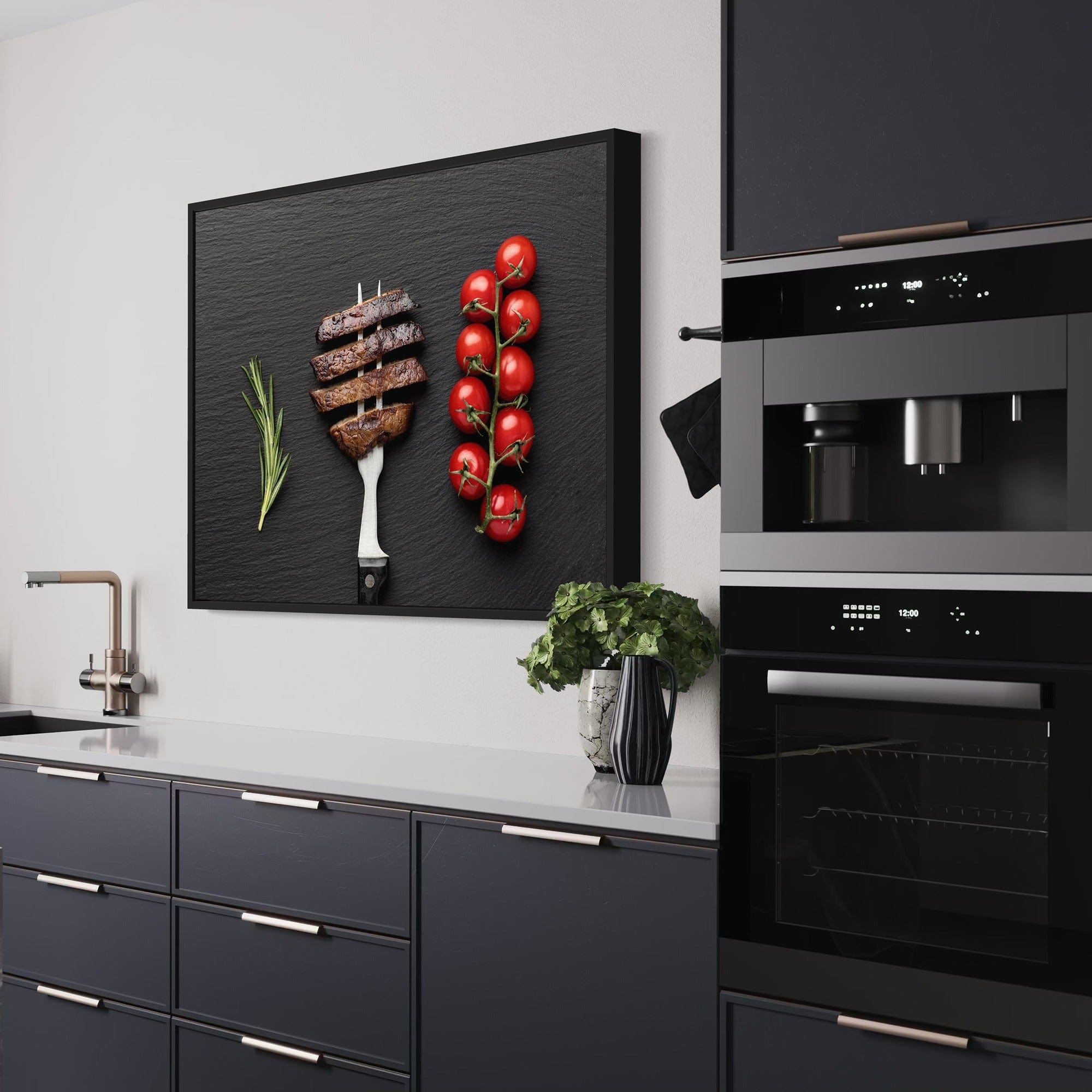 Kitchen gallery wall art, minimalist steak and tomatoes framed canvas