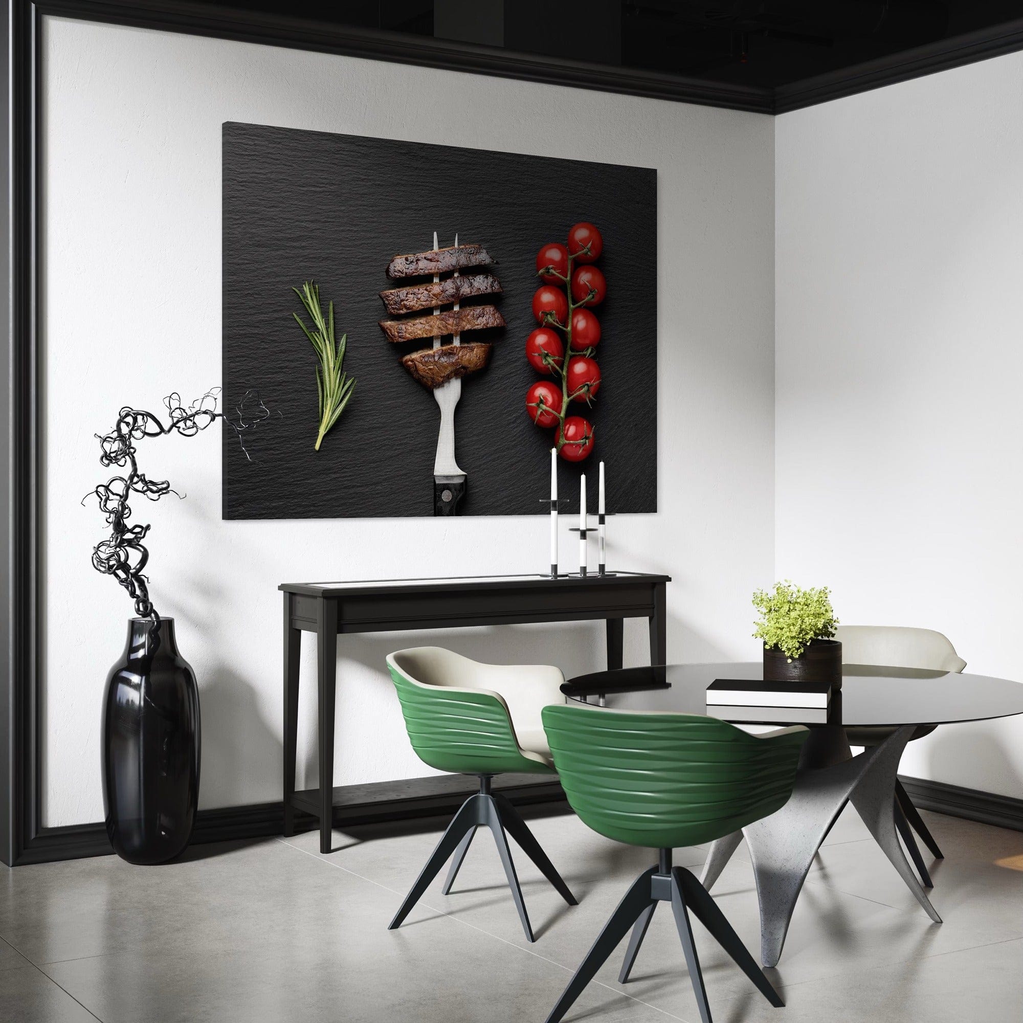 Grill lover kitchen decor poster, sliced steak with herb sprig on dark background