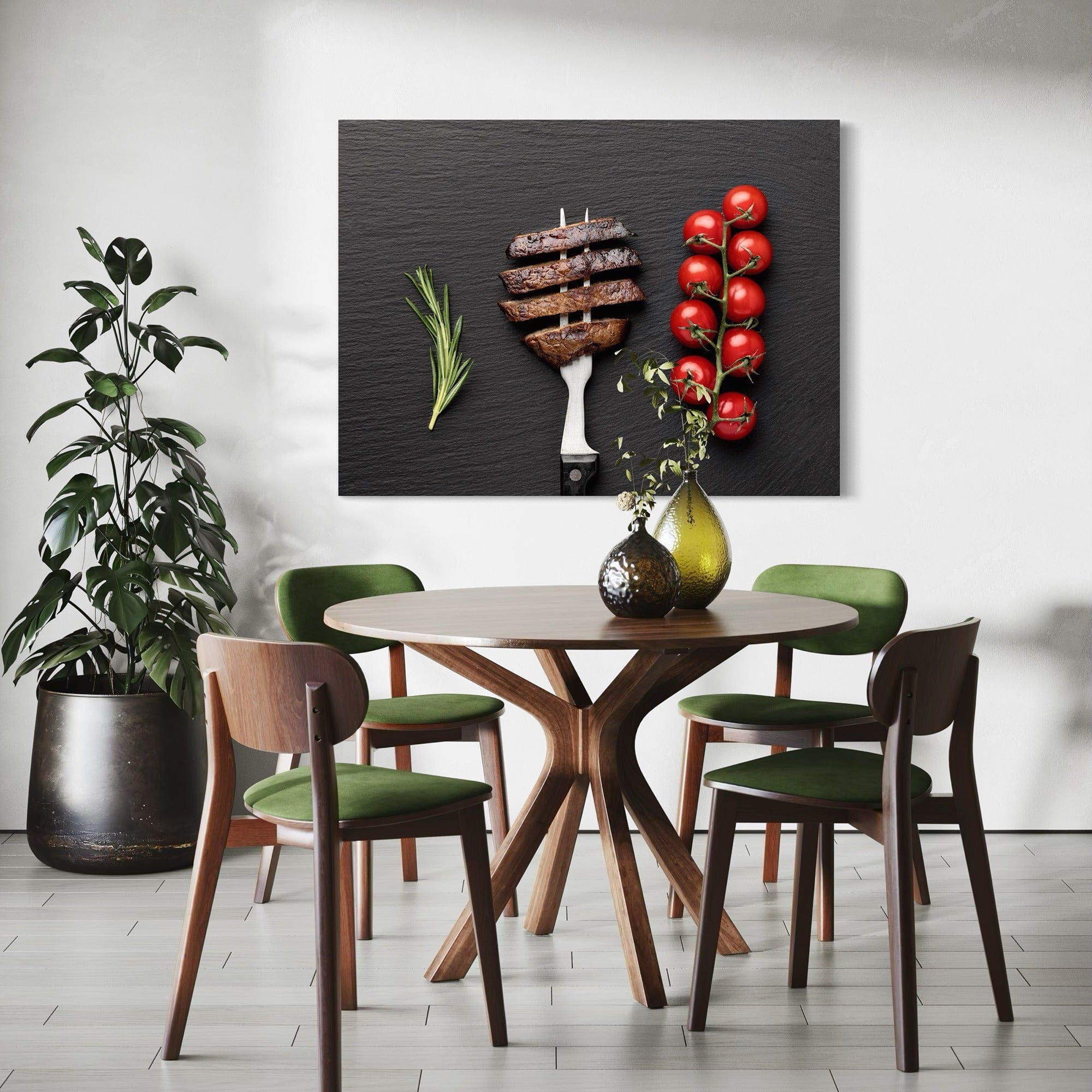 Modern dining room canvas art, steak, rosemary, and tomato vine still life