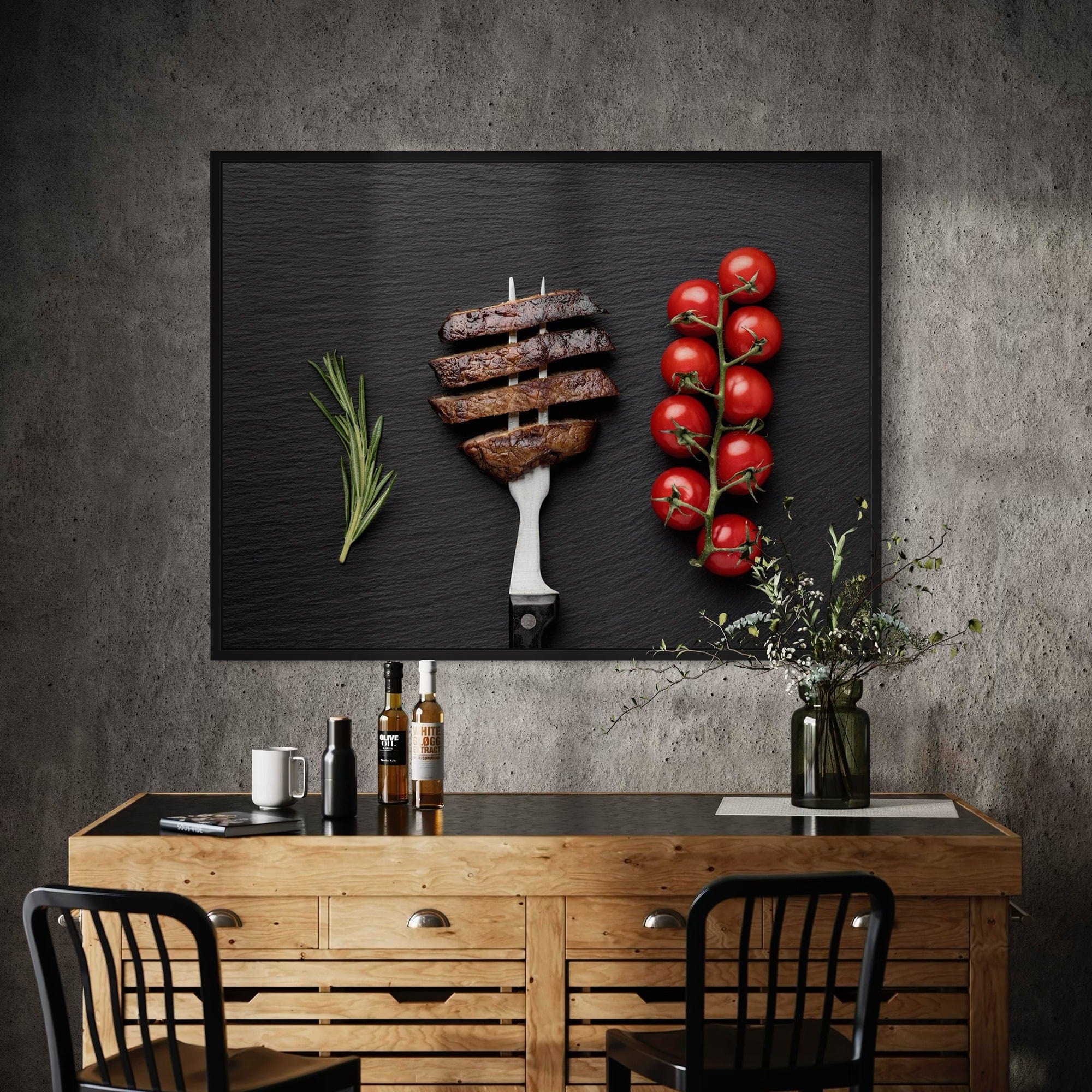 Minimal kitchen poster black slate, gourmet steak slices and red cherry tomatoes