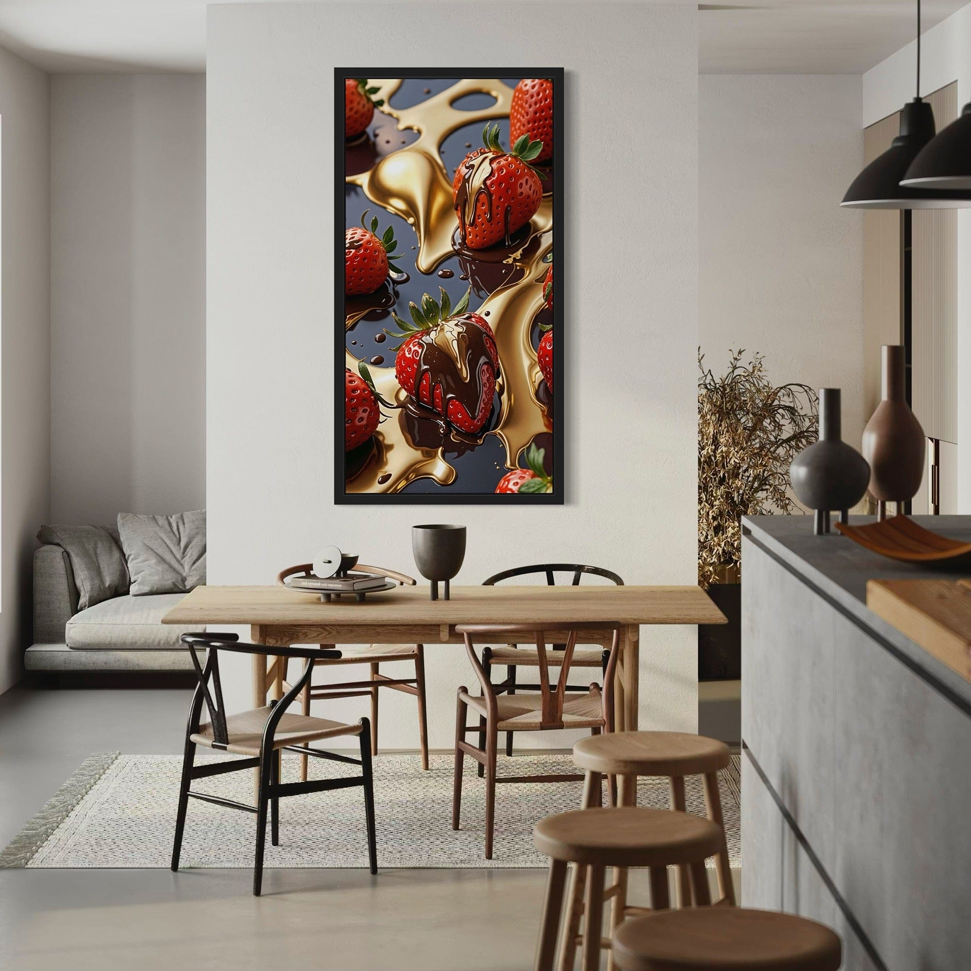 Kitchen wall art featuring strawberries, liquid gold and cocoa drizzle