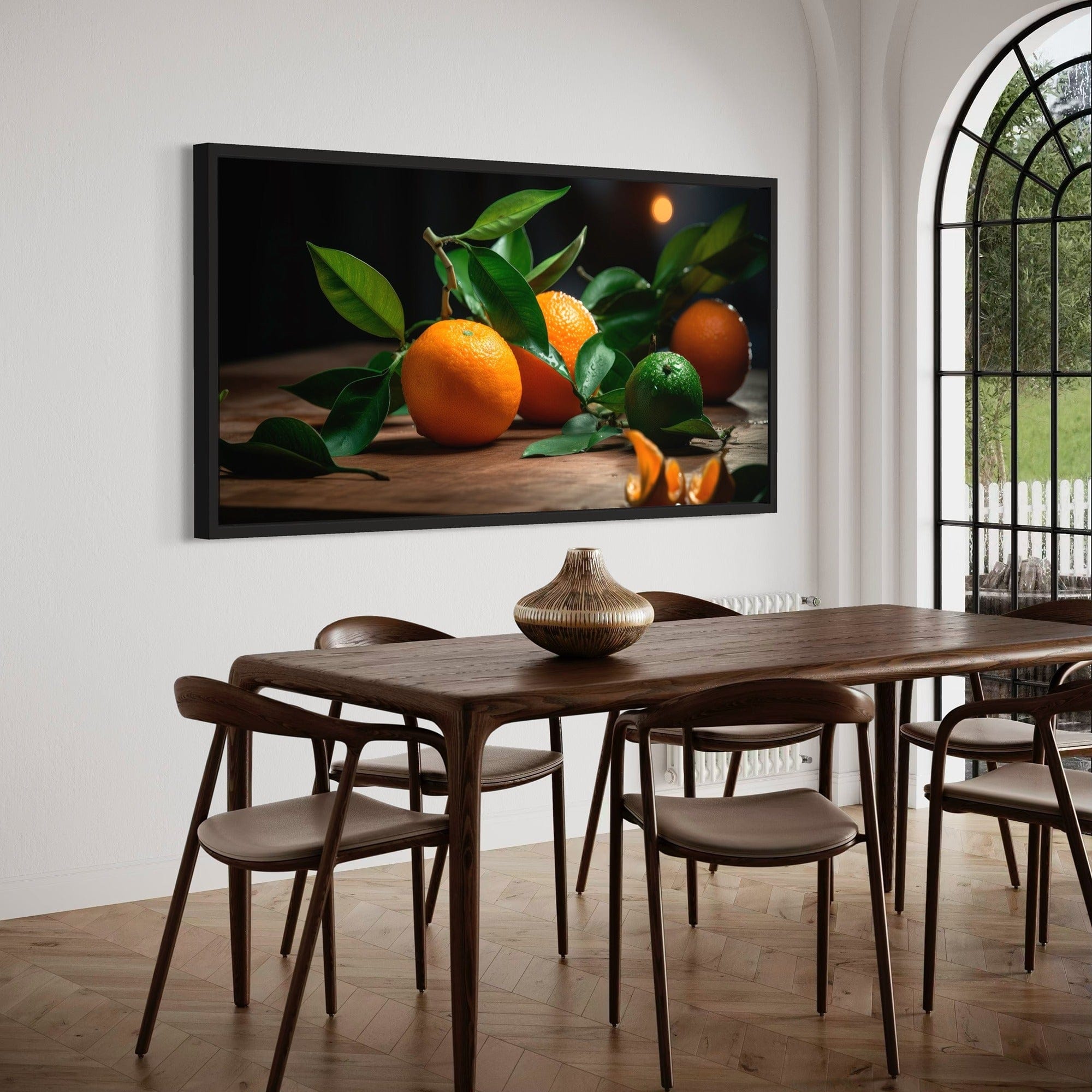 Fresh oranges with green leaves wall art print