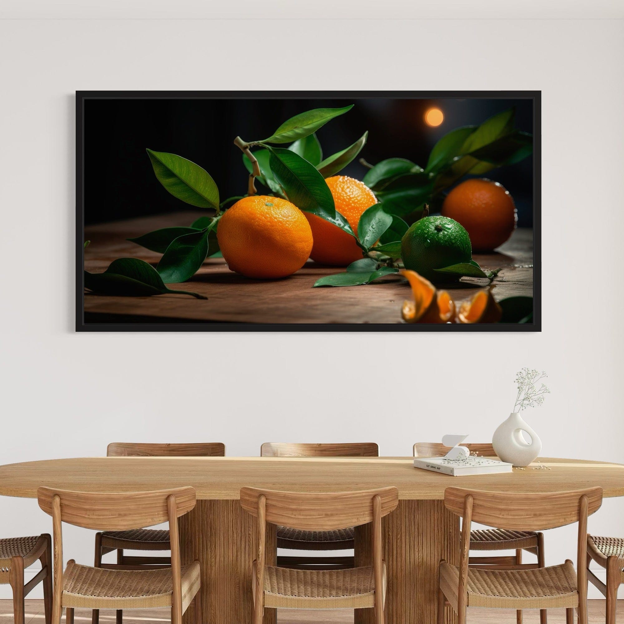 Sunlit orange on wooden table canvas art