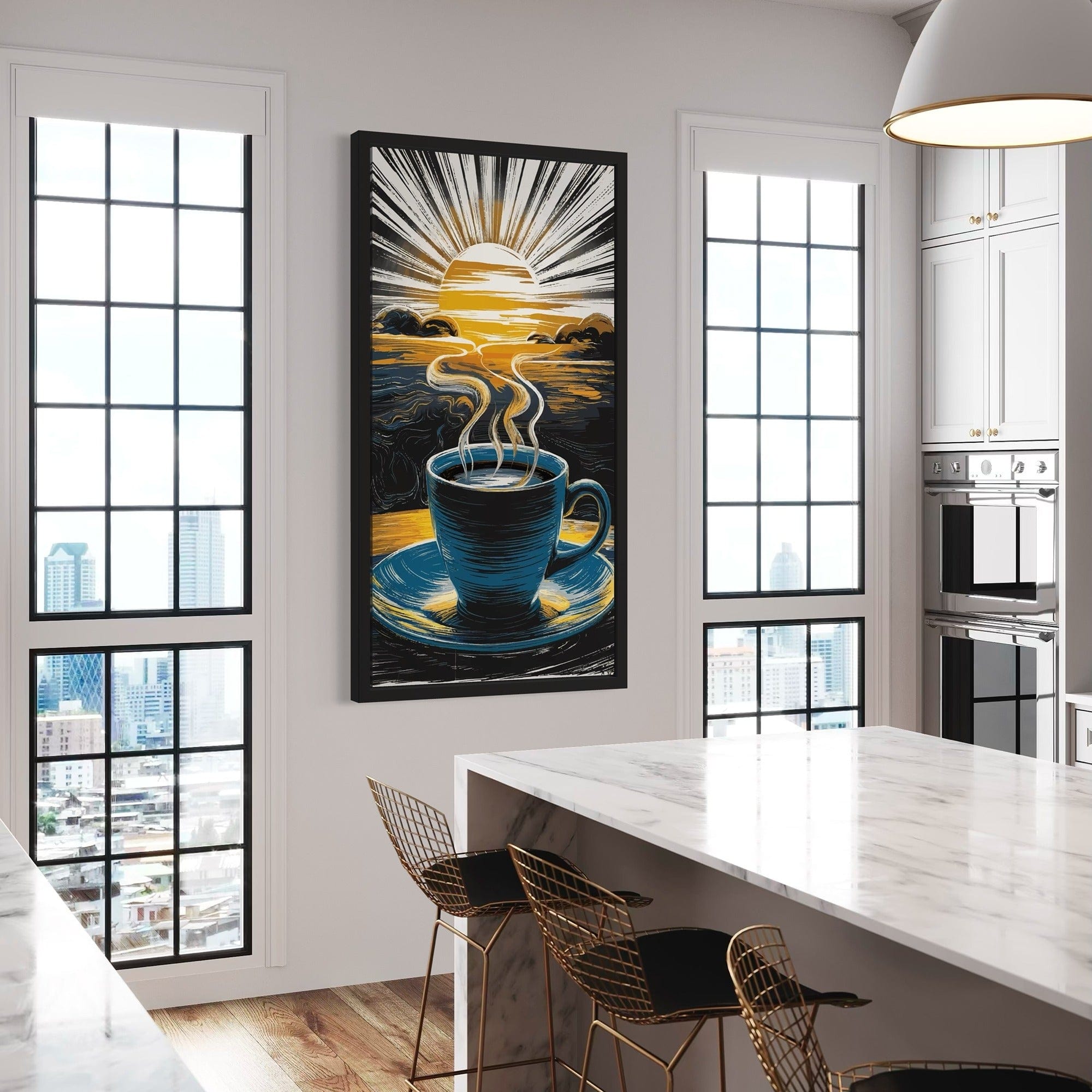 Retro woodcut style sunrise wall art for kitchen
