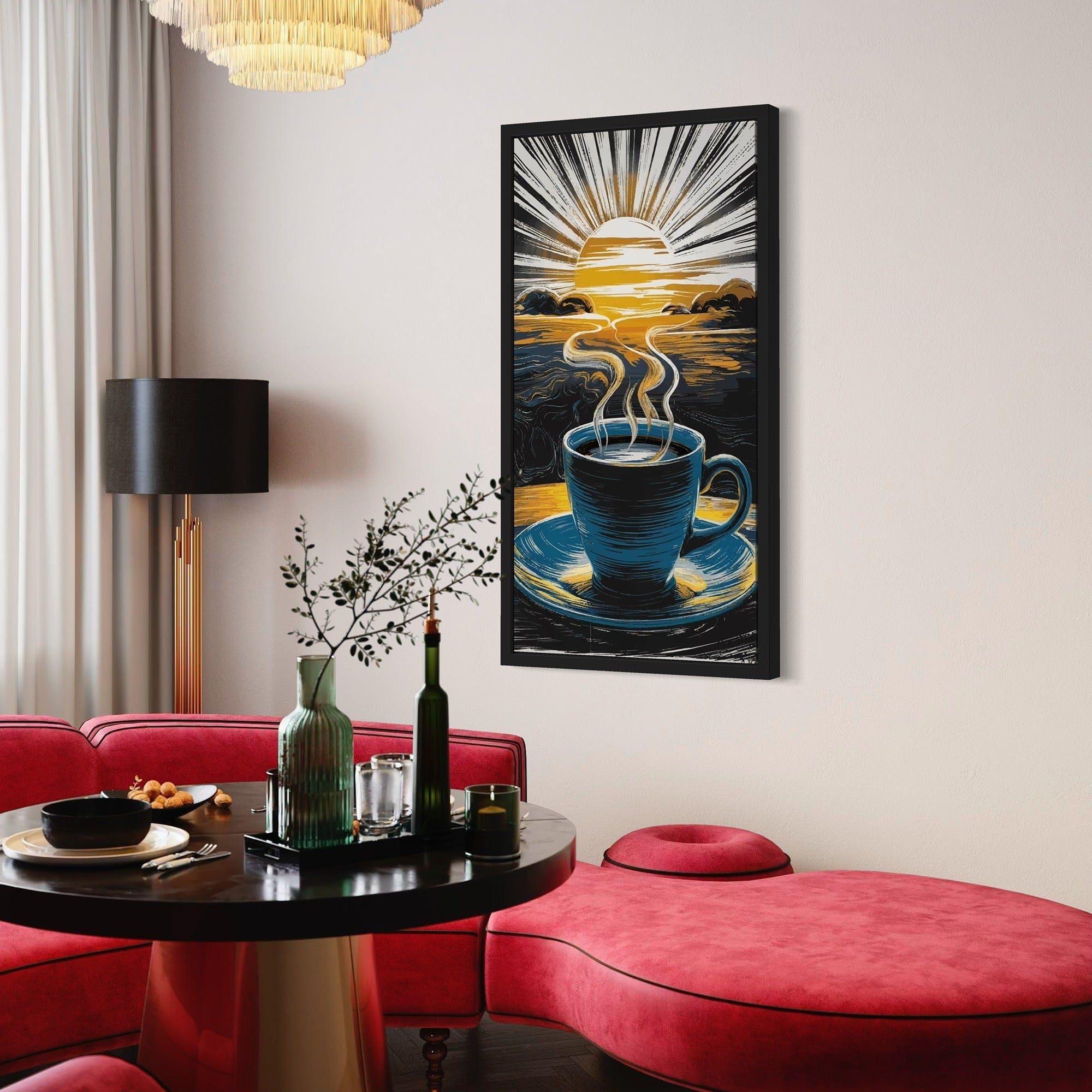 Café wall art with blue and gold artwork