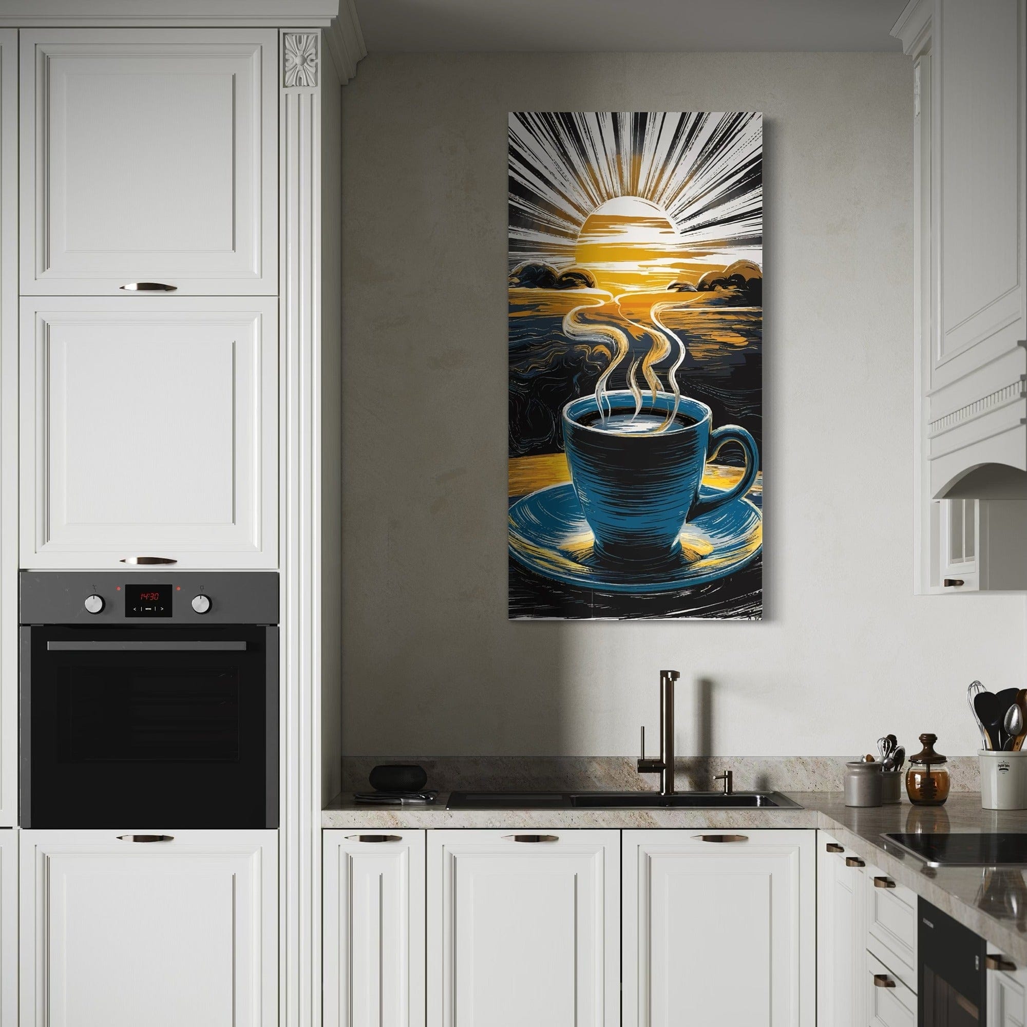 Warm color wall art with steaming coffee cup