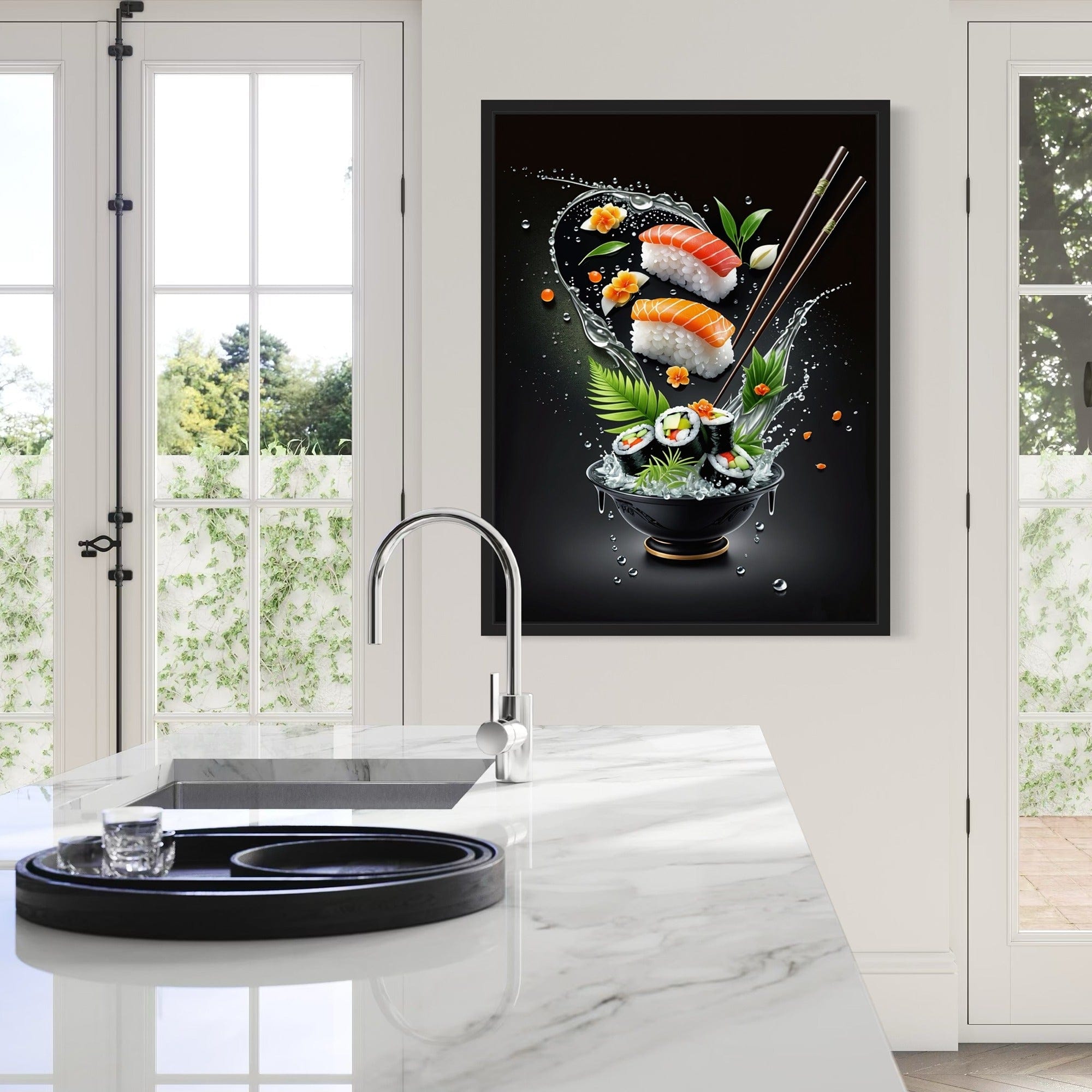 High contrast sushi splash photography style