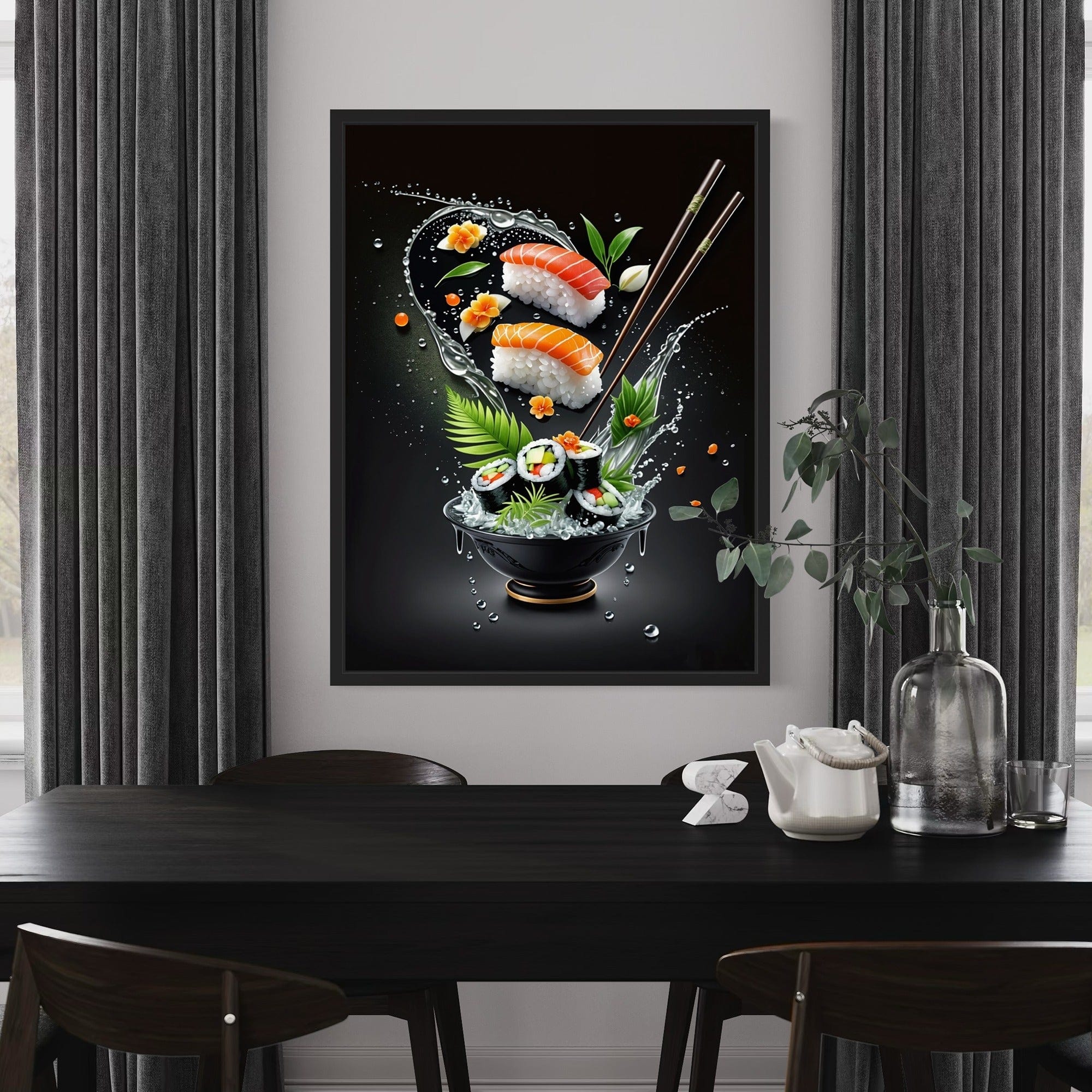Asian cuisine wall art sushi bowl and droplets