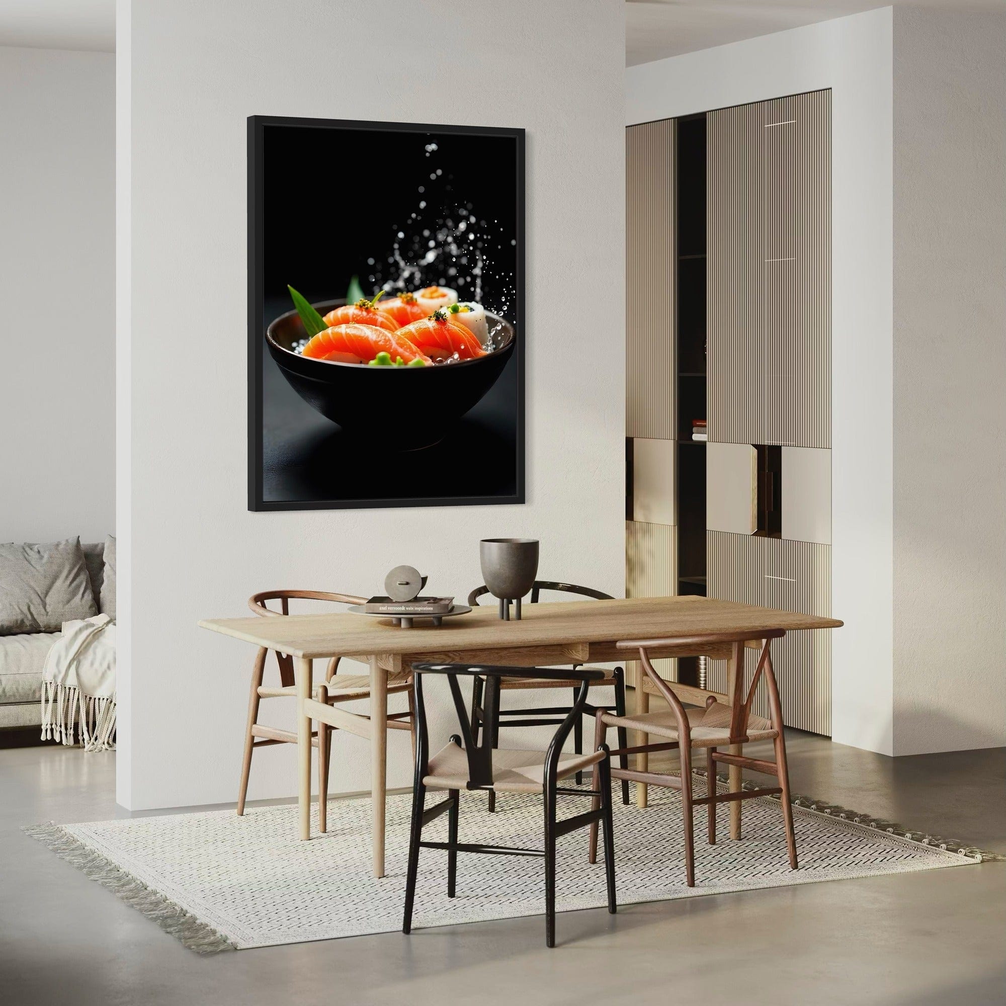 Fresh salmon nigiri in bowl dining room poster