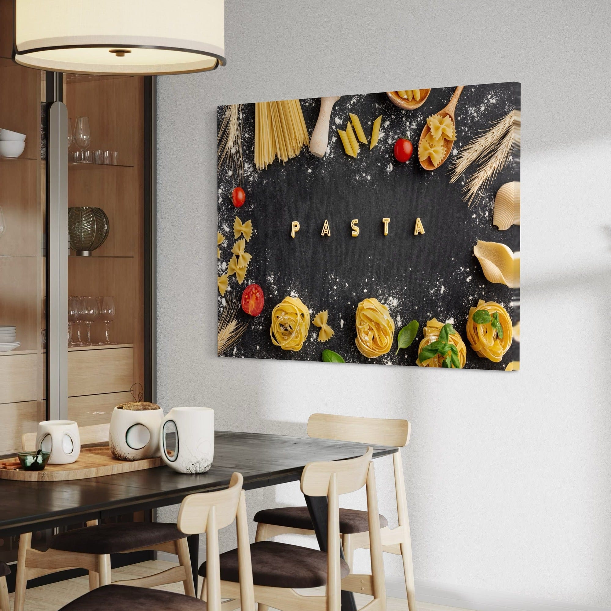 Spaghetti and pasta letters on black board