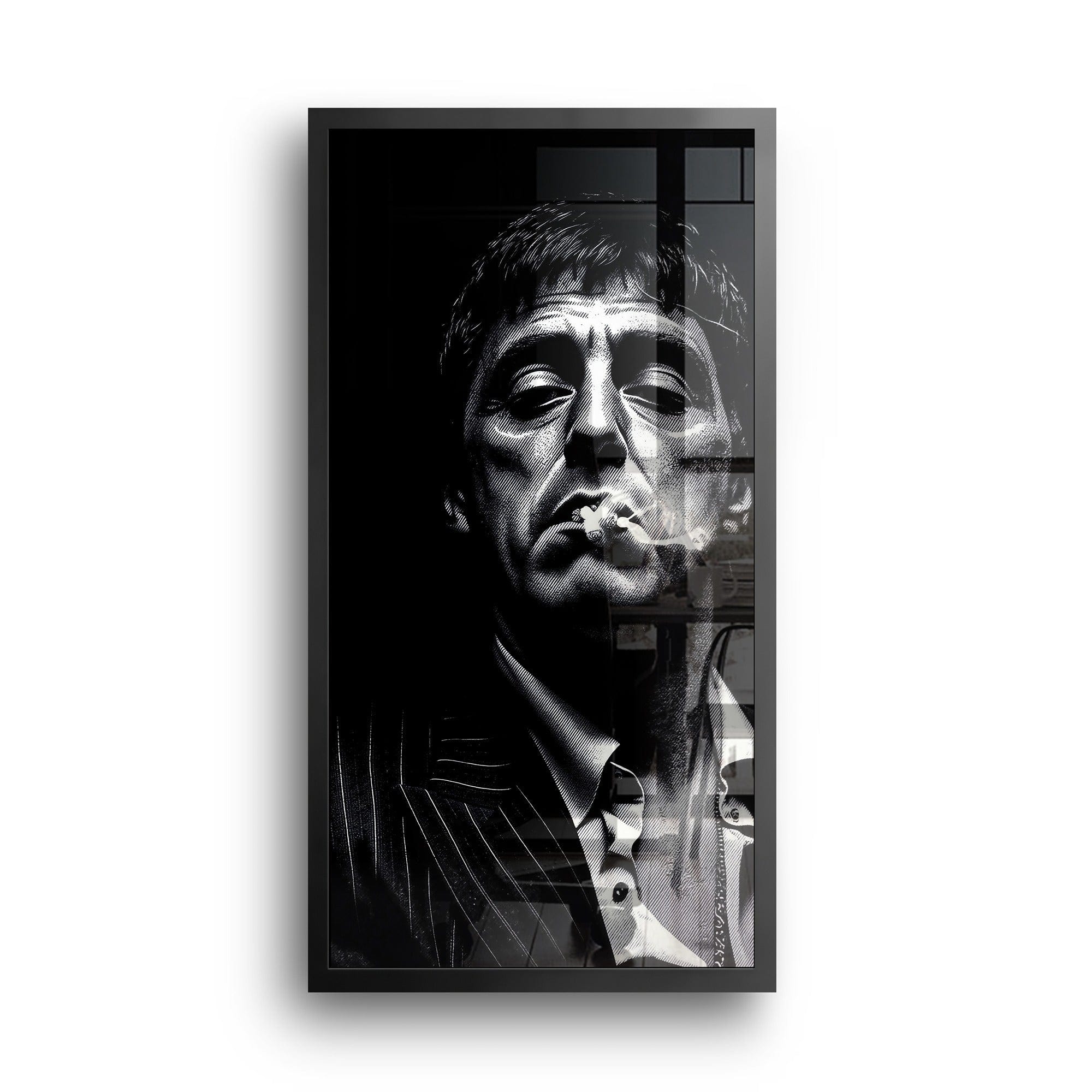 Framed black and white portrait of a man with a cigarette, on a white background