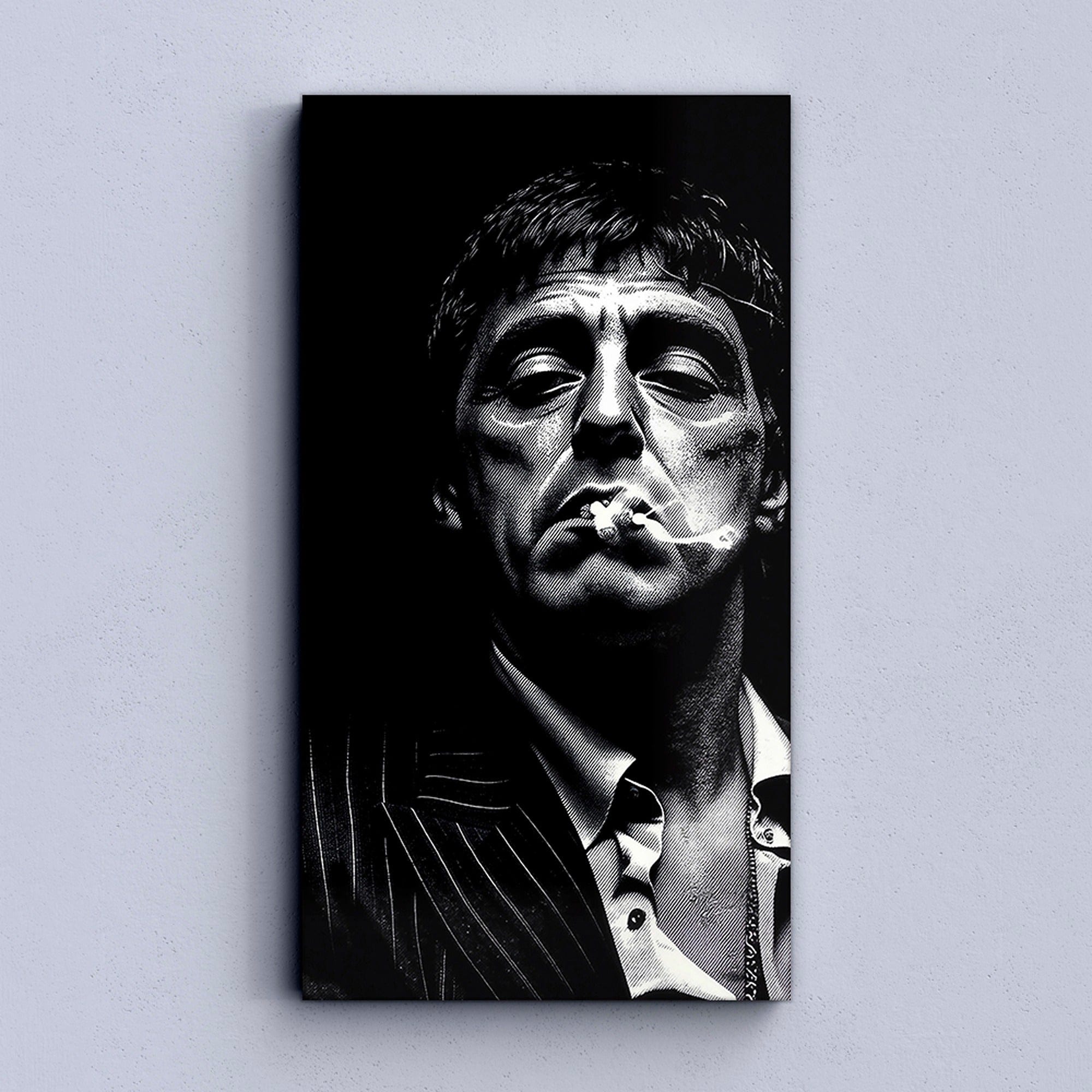 Canvas print of a stylized portrait with a smoking action on a light gray background