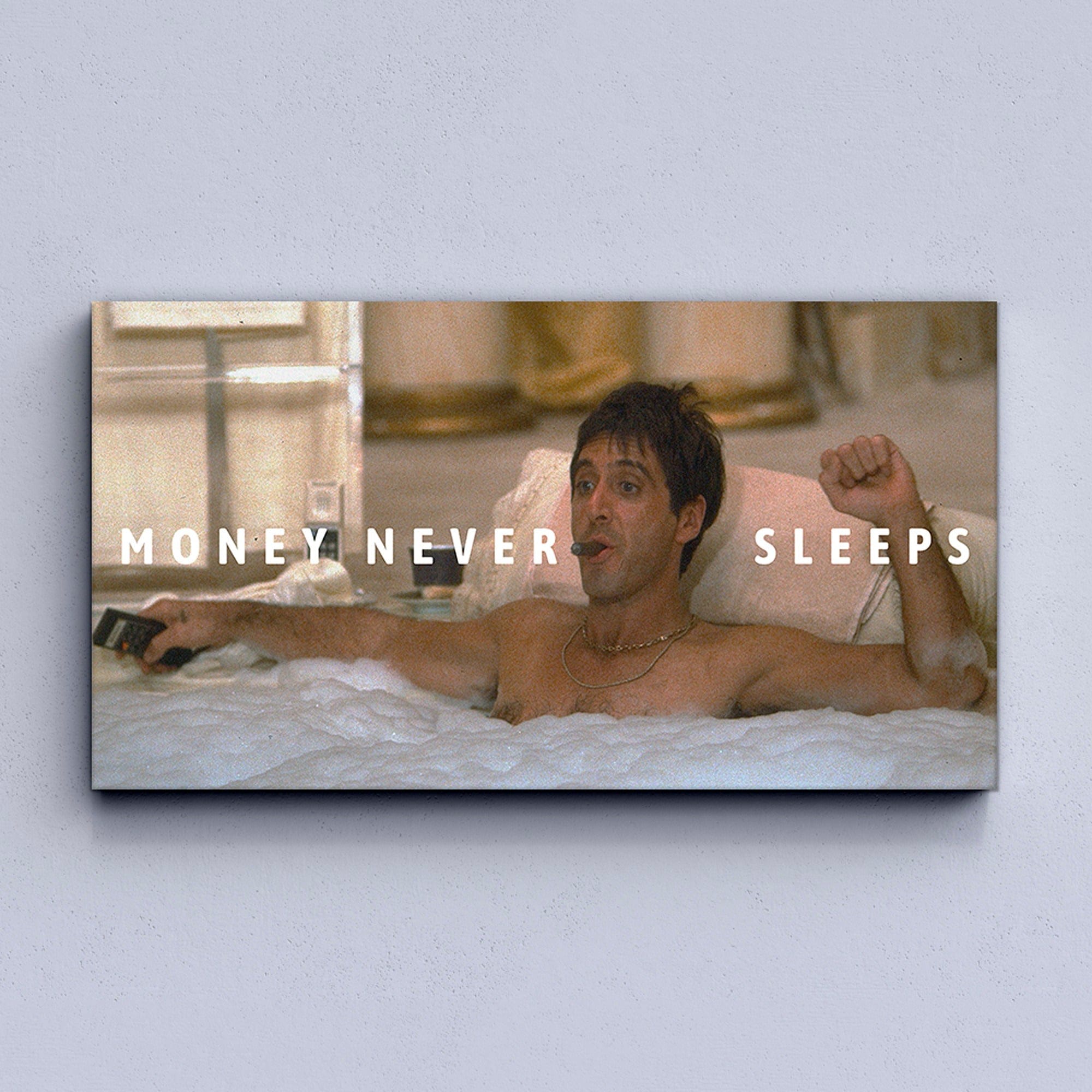 Money Never Sleeps wall canvas – bold cinematic artwork inspired by Tony Montana and Scarface