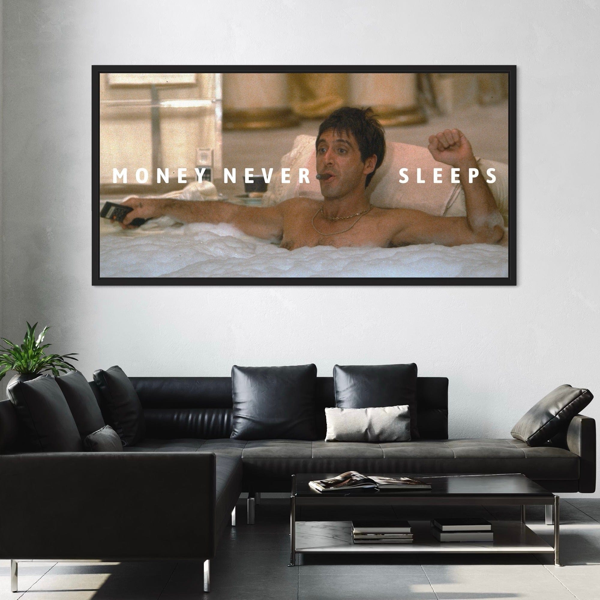 Money Never Sleeps wall print – elegant canvas art portraying Tony Montana character on canvas