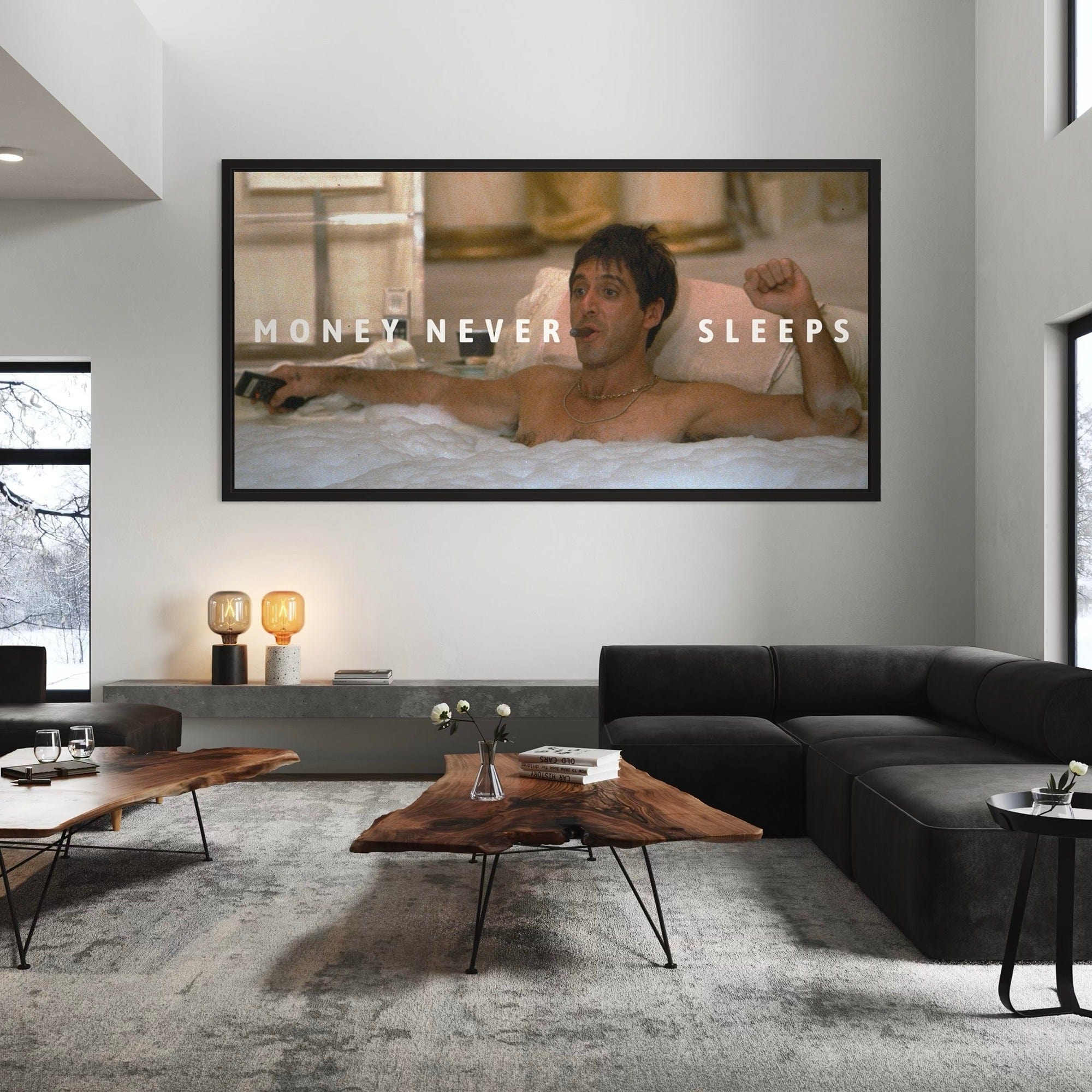 Tony Montana Money Never Sleeps canvas artwork – inspirational quote wall art for living space