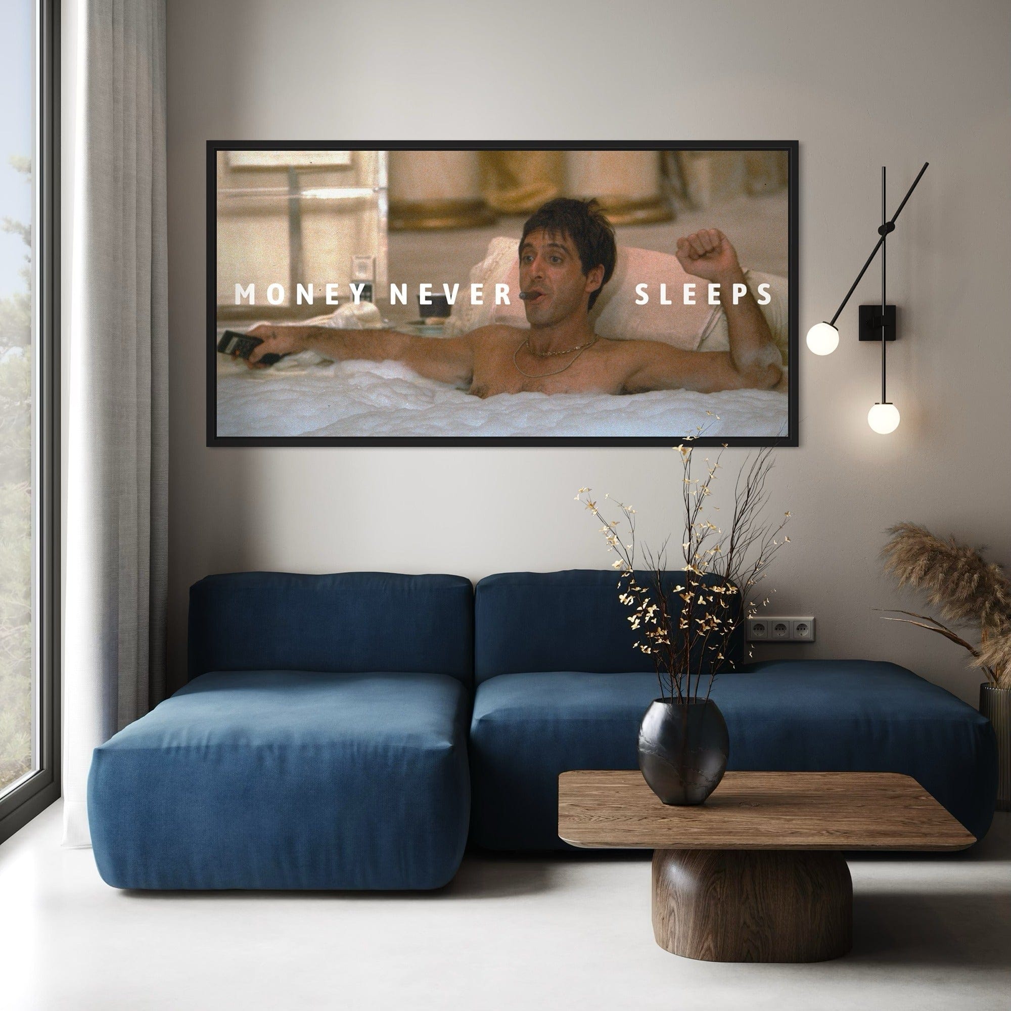 Money Never Sleeps canvas poster – luxury wall art gift for entrepreneurs and hustlers