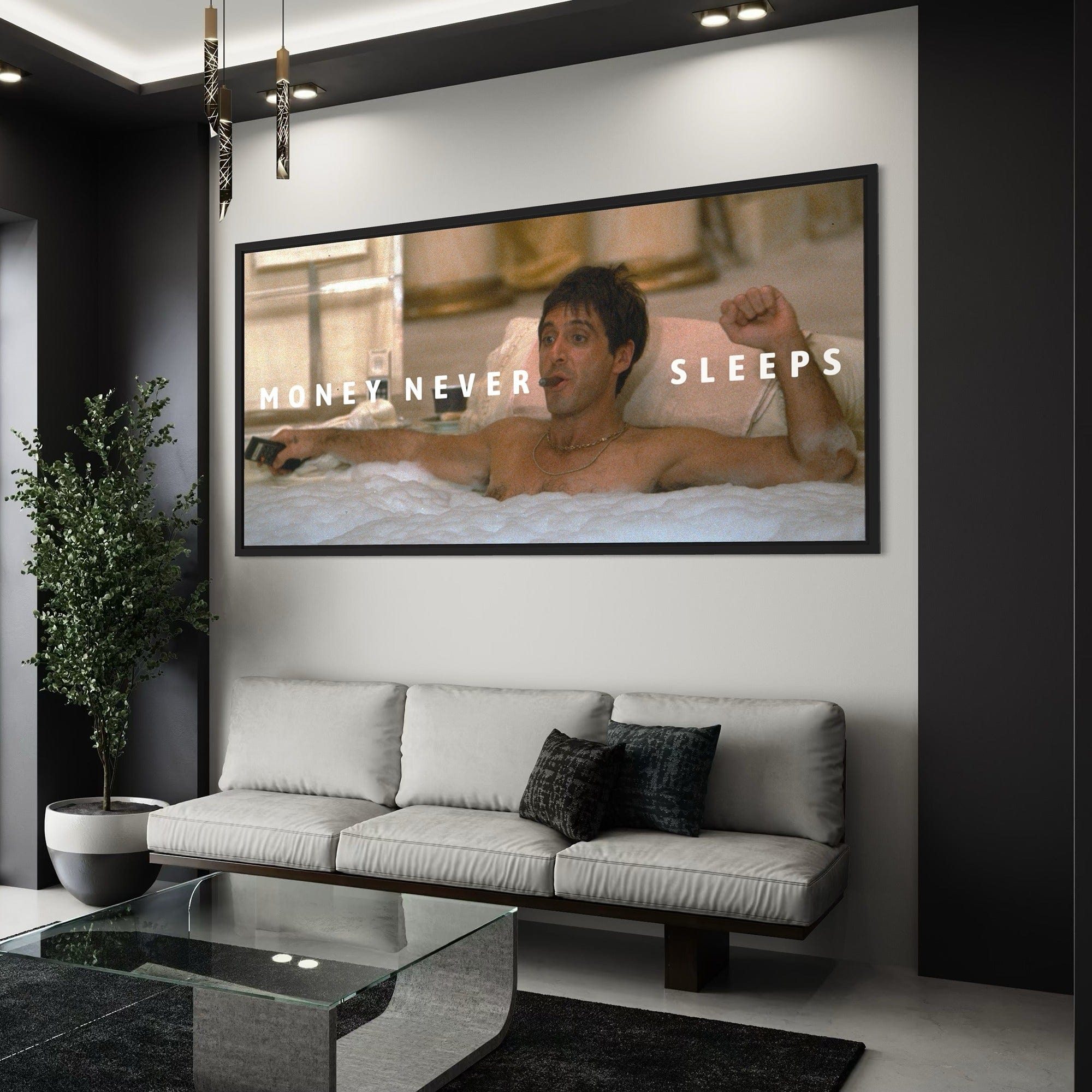 Money Never Sleeps canvas poster – luxury wall art gift for fans of Tony Montana and classic cinema